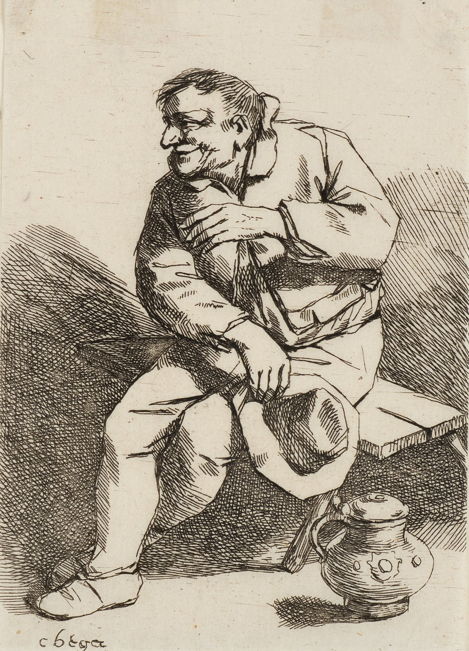 C. BEGA (1631-1664), A man sitting on a bench, Etching: Cornelis Pietersz. Bega (1631 Haarlem - 1664 ibid.): Man with hat on a bench Thoughtful man with a jug sitting on a bench, 17th century, Etching Technique: Etching on China paper Inscription: lower le