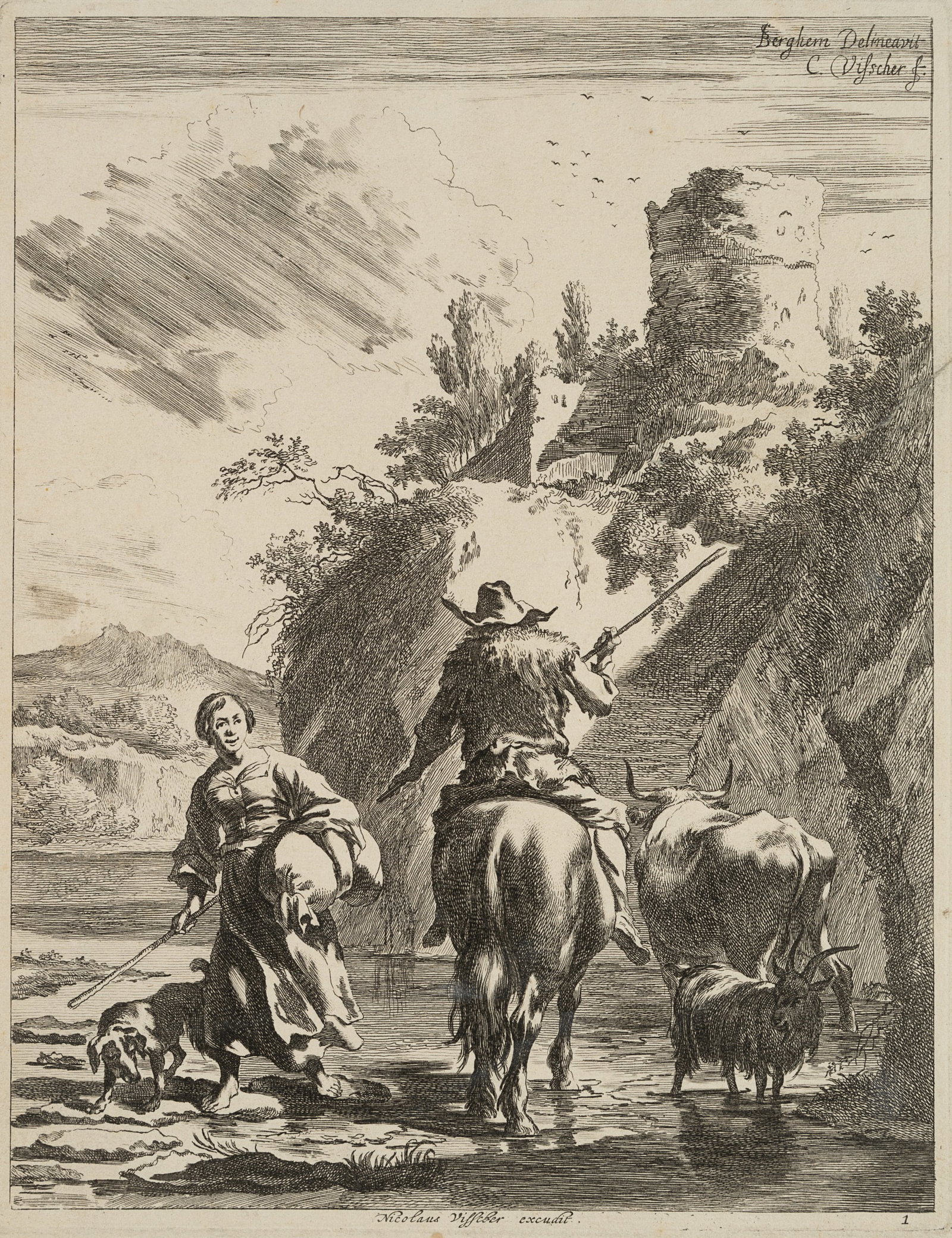 C. VISSCHER (*1629) after BERCHEM (*1620), The Ford, around 1650, Etching (1 of 4)