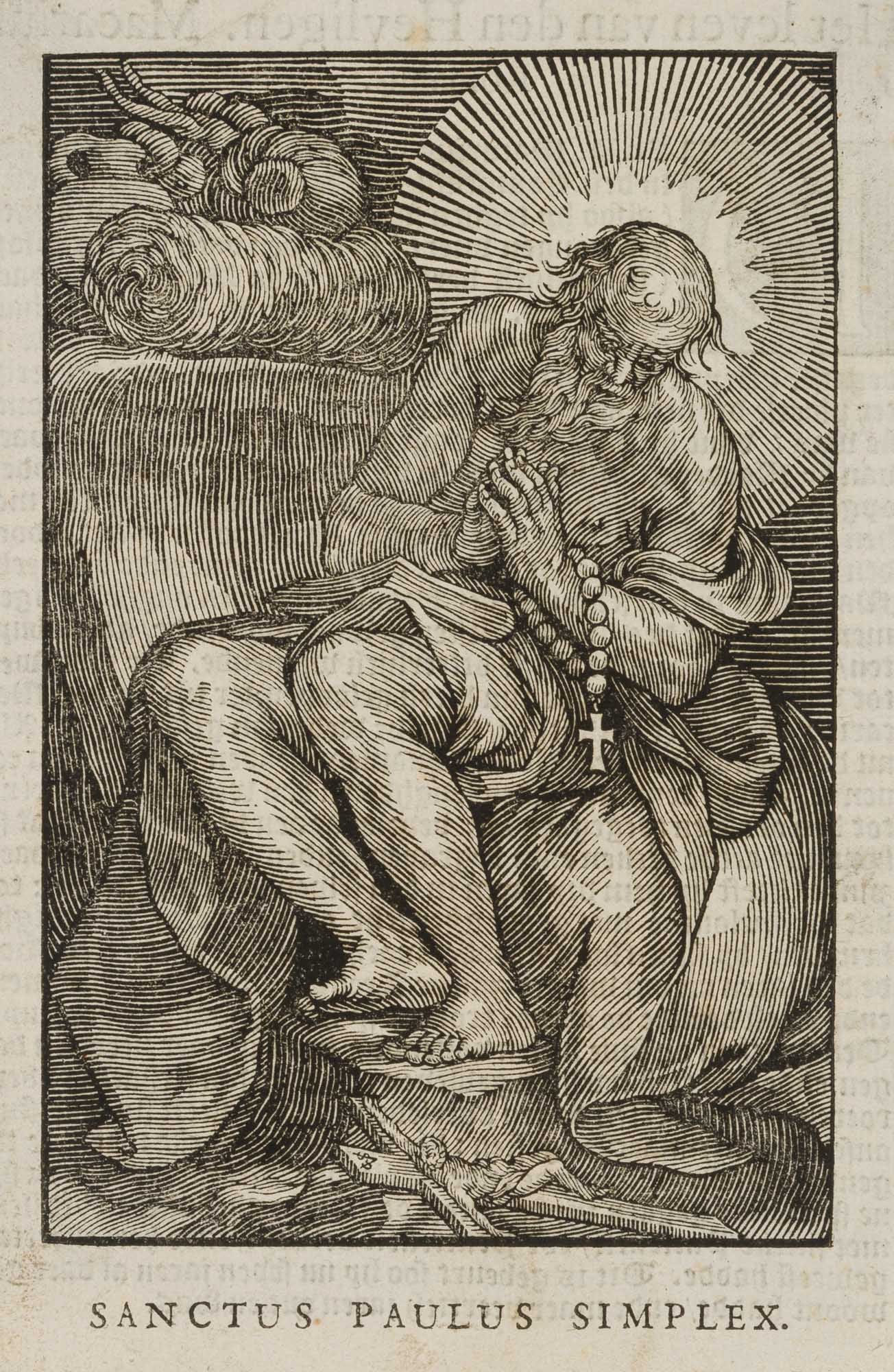 C. SICHEM (*1582) after BLOEMAERT (*1566), St Paul of Thebes, 1644, Woodcut: Christoffel van Sichem jun. (around 1582 Basel - before 1658 Amsterdam) after Abraham Bloemaert (1566 - 1651 ibid.): "Sanctus Paulus Simplex", Paul of Thebes, Egyptian hermit, 1644, Woodcut Technique: