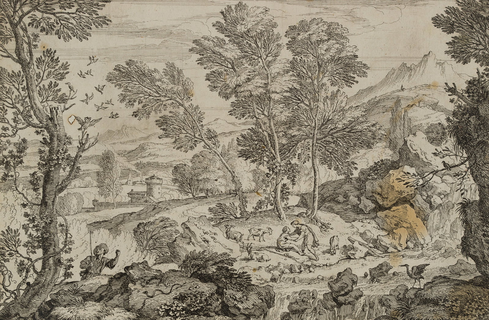 A. CABEL (1630-1705), Pastoral scene with shepherds and goats , around 1690, Etching: Adriaen van der Cabel (1630 - 1705 ): Pastoral landscape with shepherds, grazing goats and mountain ranges on the horizon, c. 1690, Etching Technique: Etching on Paper, mounted on Paper Inscription: l