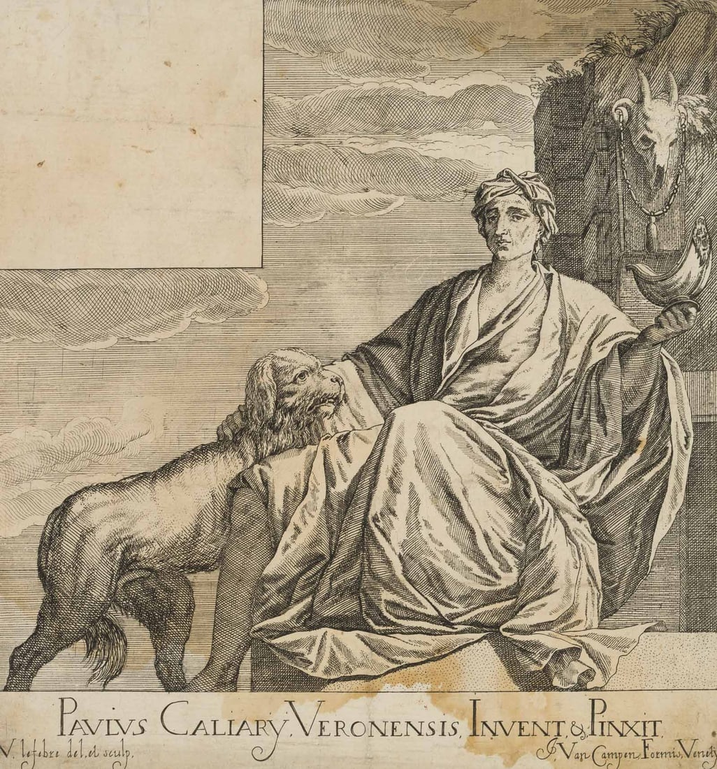V. LEFEBVRE (*1642) after PAOLO VERONESE (*1528), Allegory of Fidelity. Doge’s Palace, 1682,: Valentin Lefebvre (1642 Brussels - 1682 Venice) after Paolo Veronese: Paolo Cagliari (1528 Verona - 1588 Venice): Allegory of Fidelity Detail from the ceiling painting in the Doge's Palace in Venice, 