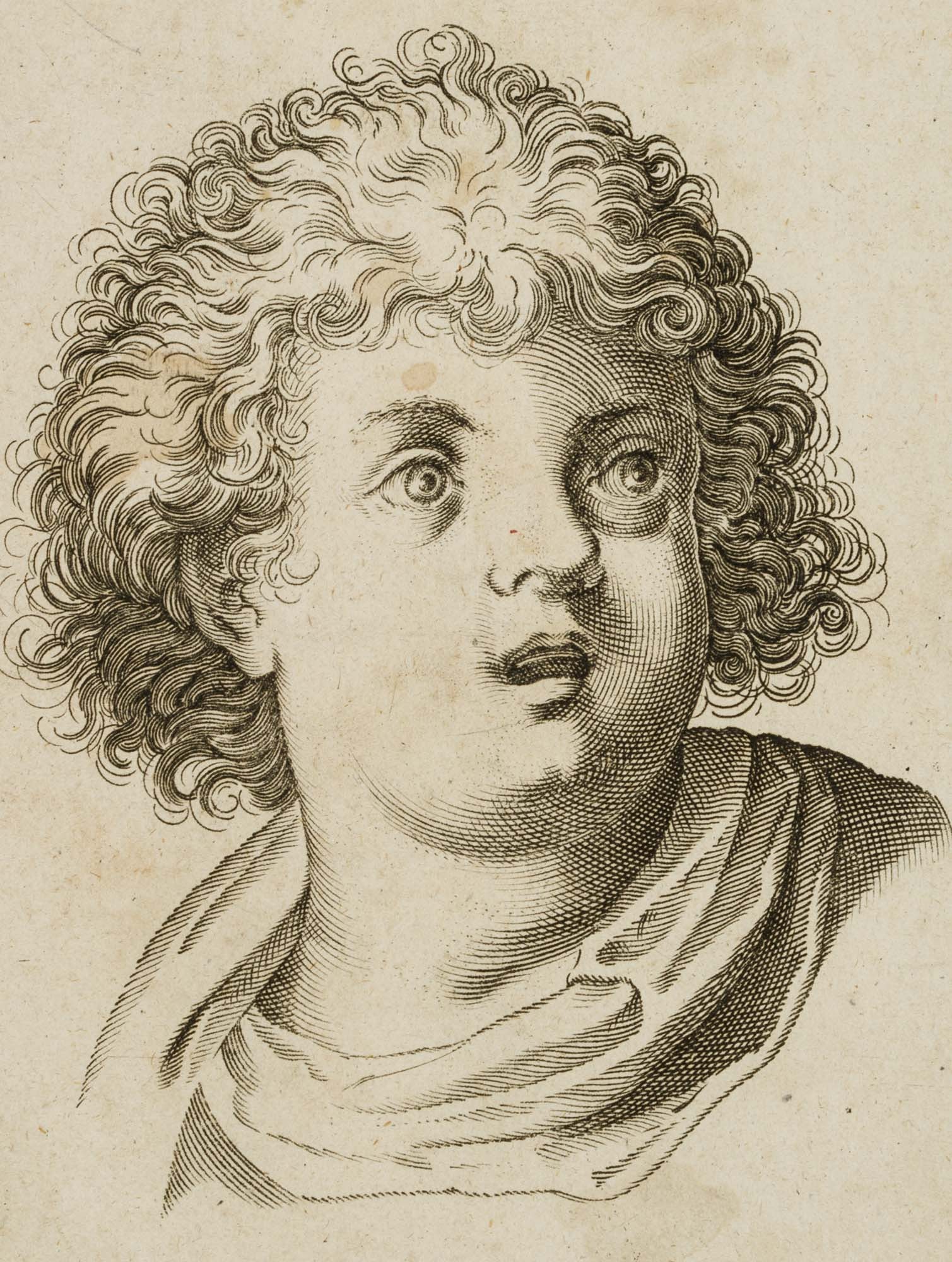 A. CARRACCI (1560-1609) Circle, Head Study, Scuola Perfetta, Copper engraving: Annibale Carracci (before 1560 Bologna - 1609 Rom) Circle: Head study of a boy, Scuola Perfetta, 17th century, Copper engraving Technique: Copper engraving on Paper Inscription: Numbered "26." on the 