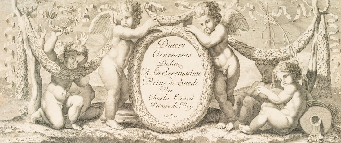 R. LOCHON (17th) after ERRARD (*1601), Title page, various ornaments, 1651, Copper engraving: Renatus Lochon (17th century) after Charles Errard (around 1601 Nantes - 1689 Rom): Title page, ornaments dedicated to the Queen, 1651, Copper engraving Technique: Copper engraving on Laid paper Inscr