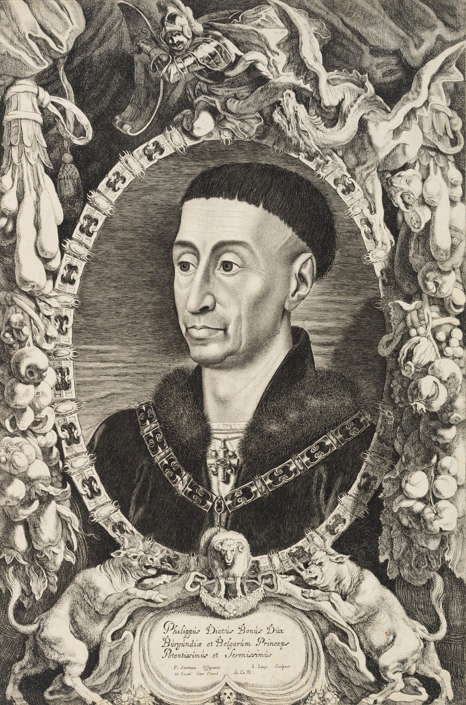 J. LOUYS (*1595) after EYCK (*1390), Portrait of Philip the Good, around 1643, Copper engraving: Jacob Louys (1595 - around 1673 ) after Jan van Eyck (around 1390 Maaseik - 1441 Bruges): Portrait of Philip the Good, with fur-lined cloak, in a decorated oval with a knight fighting a dragon in the 