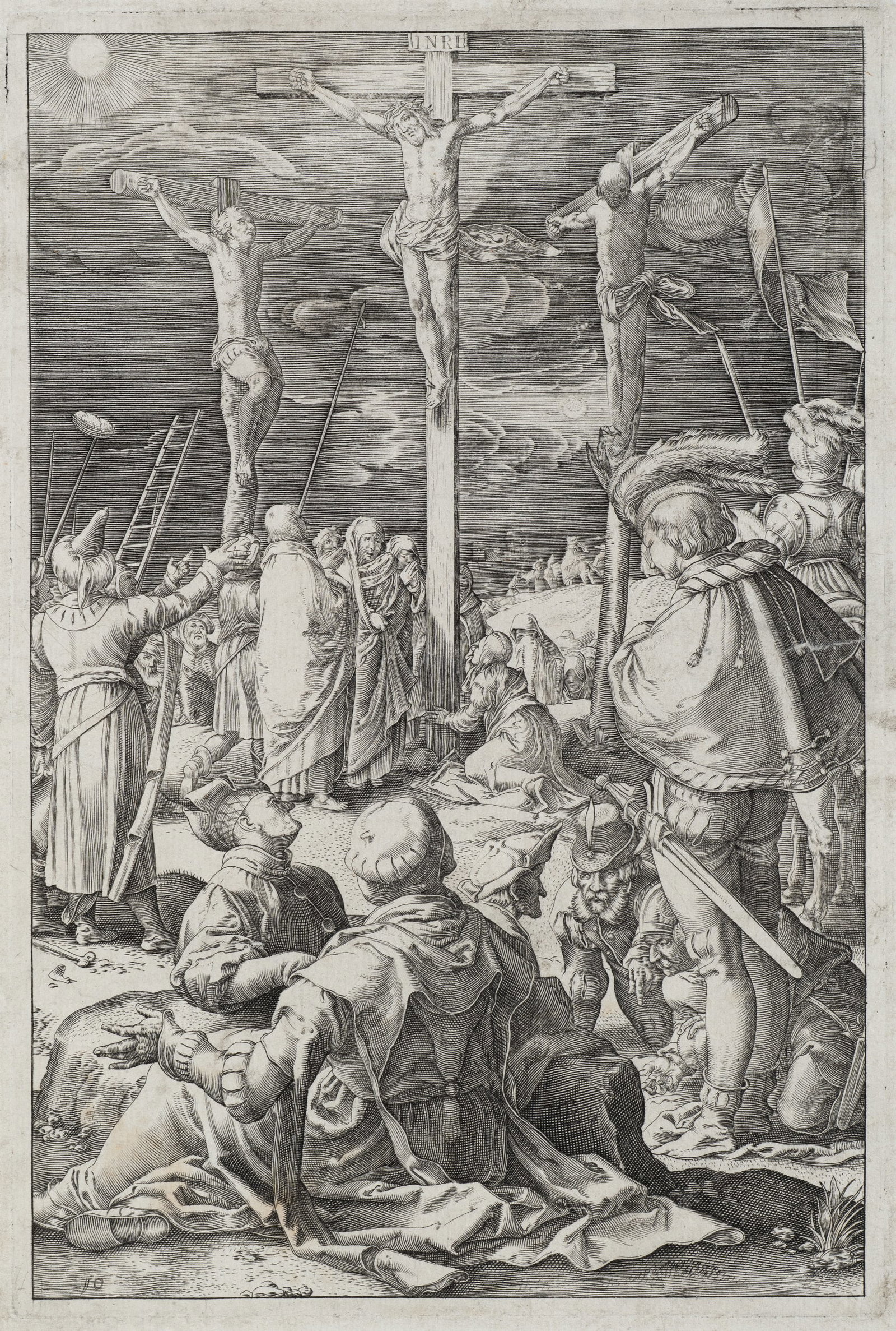 A. HOGENBERG (*1608) after GOLTZIUS (*1558), Scene of the Crucifixion, Copper engraving: Abraham Hogenberg (before 1608 - after 1653 ) after Hendrick Goltzius (1558 Mühlbrecht - 1616 Haarlem): Crucifixion scene The crucifixion of Christ with thieves and spectators, 17th century, Copp