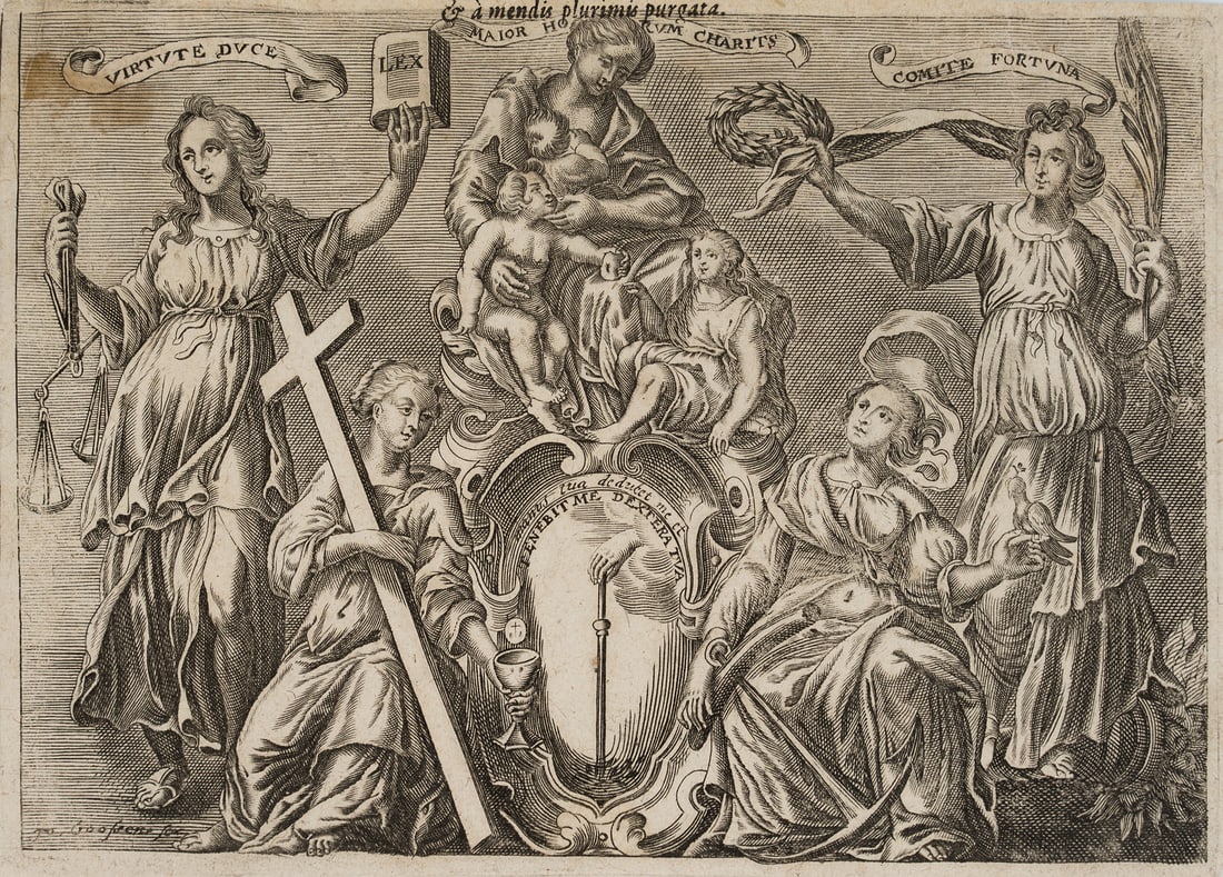J. GOOSSENS (17th), Tenebit Me Dextera Tua, Copper engraving: Jan Baptist Goossens (17th century): Female allegories, virtues, "Tenebit Me Dextera Tua", 17th century, Copper engraving Technique: Copper engraving on Paper Inscription: lower left signed in the pri