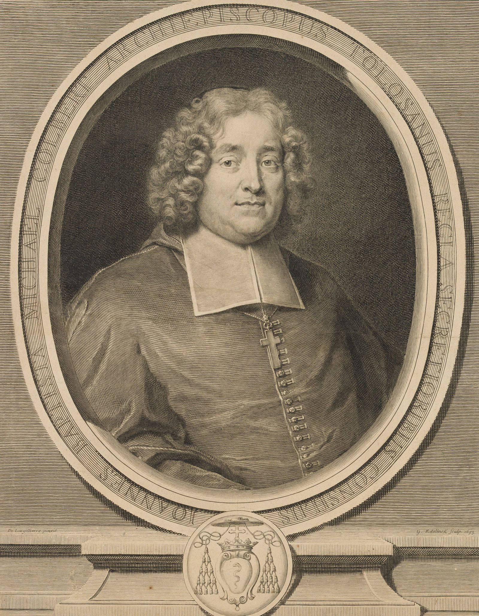 G. EDELINCK (*1640) after LARGILLIÈRE (*1656), Cardinal Jean-Baptiste Michel Colbert, 1693,: Gérard Edelinck (1640 Antwerp - 1707 Paris) after Nicolas de Largillière (1656 Paris - 1746 ibid.): Portrait of Cardinal Jean-Baptiste Michel Colbert, bust in three-quarter portrait to the r
