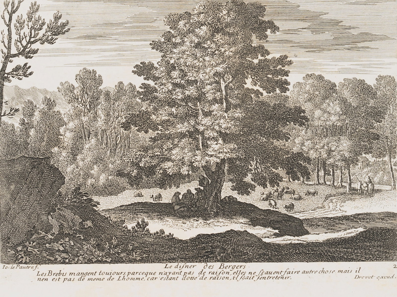 J. LEPAUTRE (1618-1682), Pastoral scene, Etching: Jean Lepautre (1618 Paris - 1682 ibid.): Pastoral scene with shepherds and sheep at pasture, 17th century, Etching Technique: Etching on Paper Inscription: lower left signed in the printing plate: "Jo