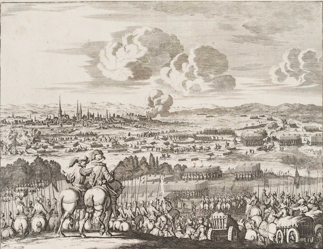 J. LUYKEN (1649-1712), The attack on Cambrai in 1581, around 1679, Copper engraving: Jan Luyken (1649 Amsterdam - 1712 ibid.): Landscape depiction with troop deployments Attack on Cambrai, northern France 1581, view from a distance of the besieged town of Cambrai with the Duke of Anjo