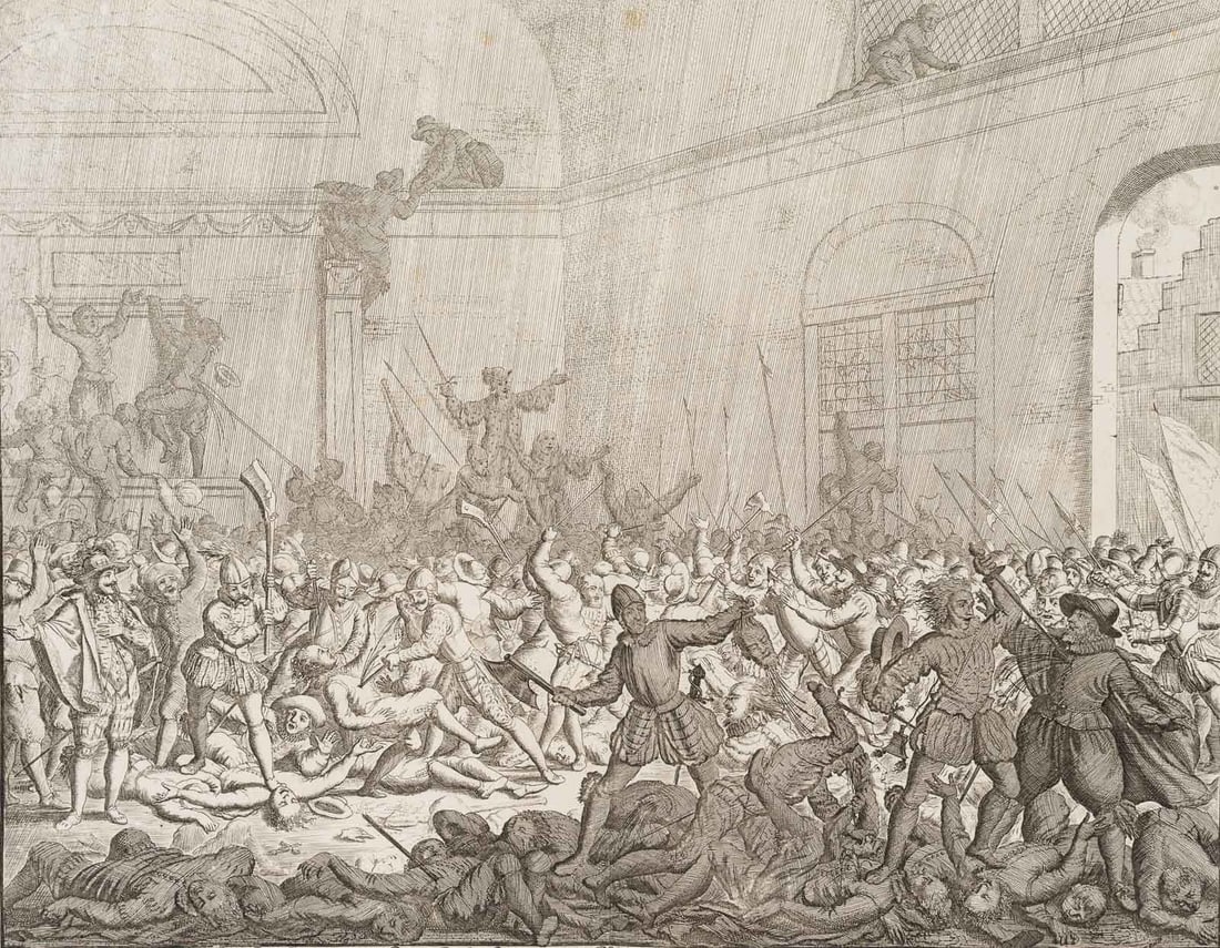 J. LUYKEN (1649-1712), The massacre in Naarden in 1572, around 1679, Copper engraving: Jan Luyken (1649 Amsterdam - 1712 ibid.): Historical account The massacre in Naarden Gruesome battle scene with Spanish troops killing civilians in a church 80-year war, Spanish Inquisition, 1572, c. 