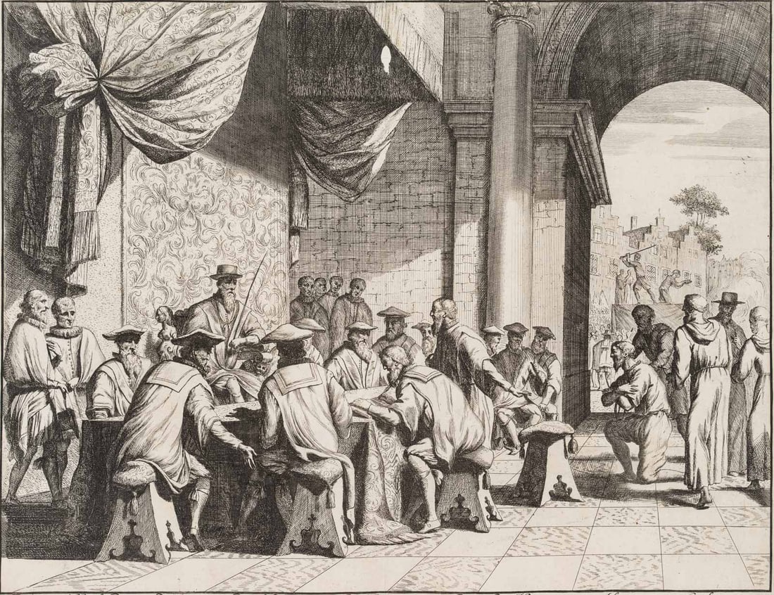 J. LUYKEN (1649-1712), Appointment of the Spanish Blood Council, around 1679, Copper engraving: Jan Luyken (1649 Amsterdam - 1712 ibid.): Appointment of the Spanish Blood Council by the Duke of Alba in 1567, c. 1679, Copper engraving Technique: Copper engraving on Paper Inscription: At the lower