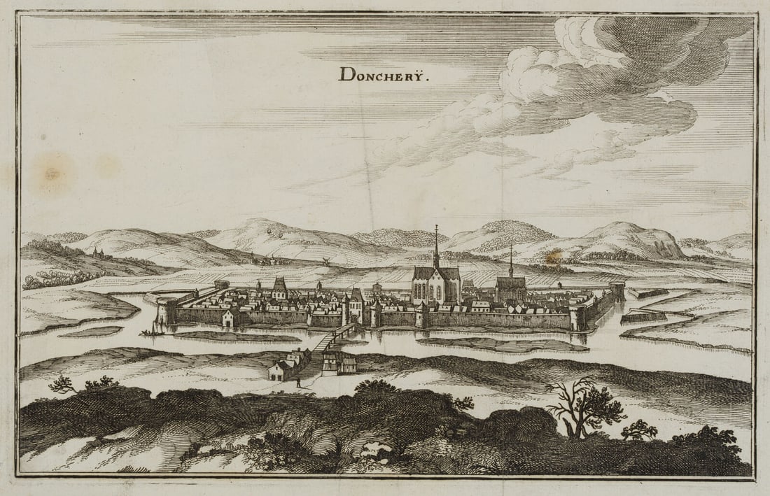 C. MERIAN (1627-1686), Donchery, veduta, cityscape, Ardennes, 1661, Etching (1 of 4)