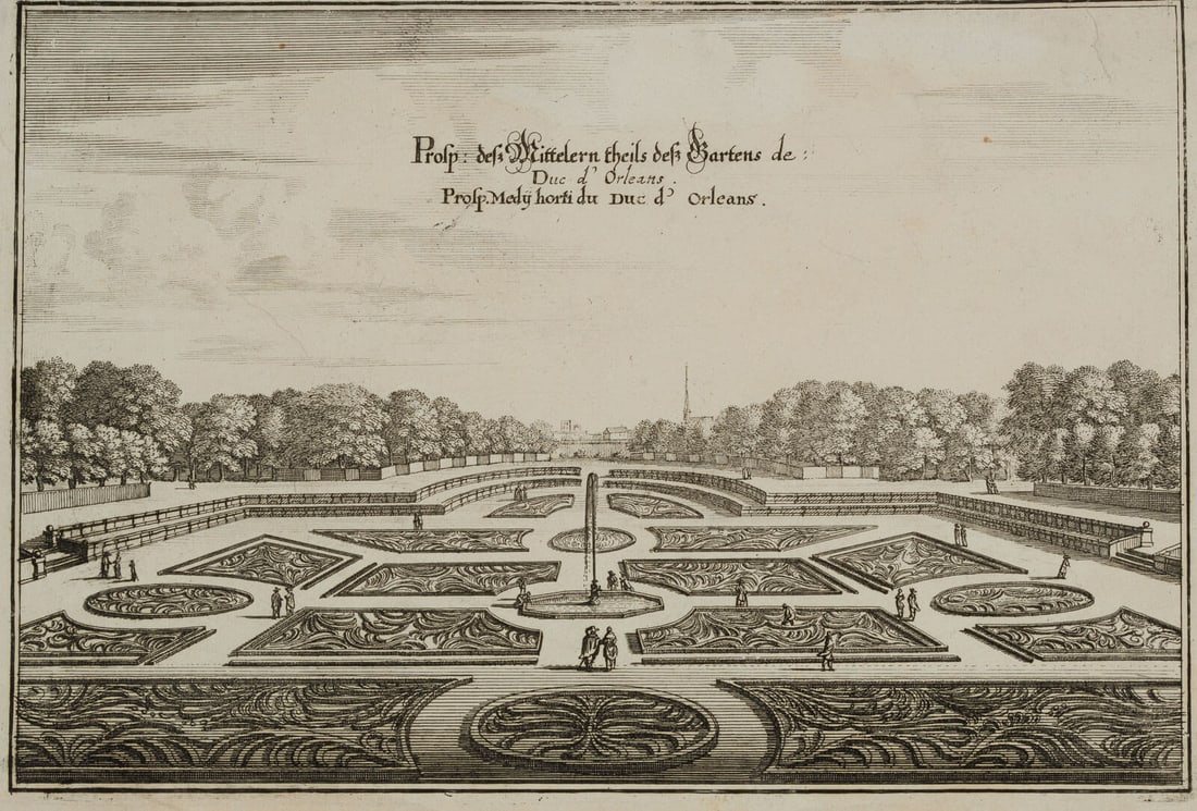 C. MERIAN (1627-1686), Brochure on the Orleon Gardens, around 1650, Etching: Caspar Merian (1627 Frankfurt on the Main - 1686 Waltha Castle, West Frisia): Prospectus of the garden of Orleon, Prospectus: of the middle part of the garden de: Duc d' Orleons; Prospect Medy horti d