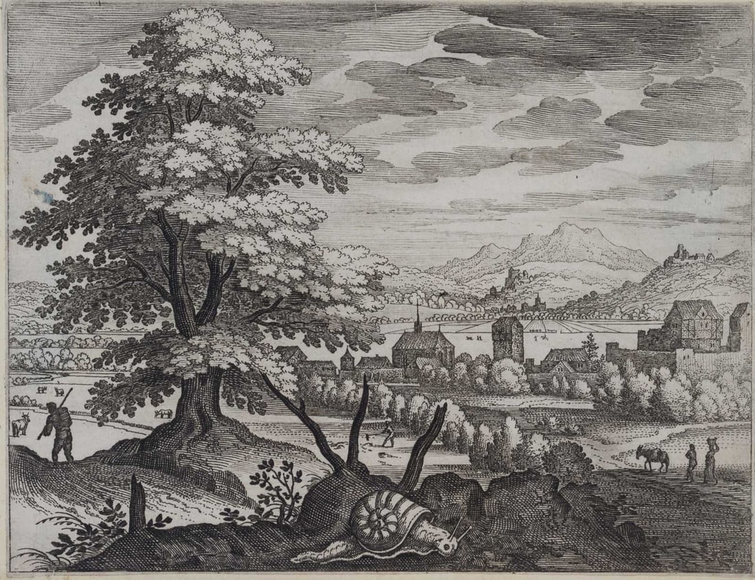 M. MERIAN (1593-1650), Landscape near Basel, featuring a snail, around 1624, Copper engraving: Matthäus Merian sen. (1593 Basel - 1650 Schwalbach): Landscape with vineyard snail, c. 1624, Copper engraving Technique: Copper engraving on Paper, mounted on Paper Date: c. 1624 Description: Mer