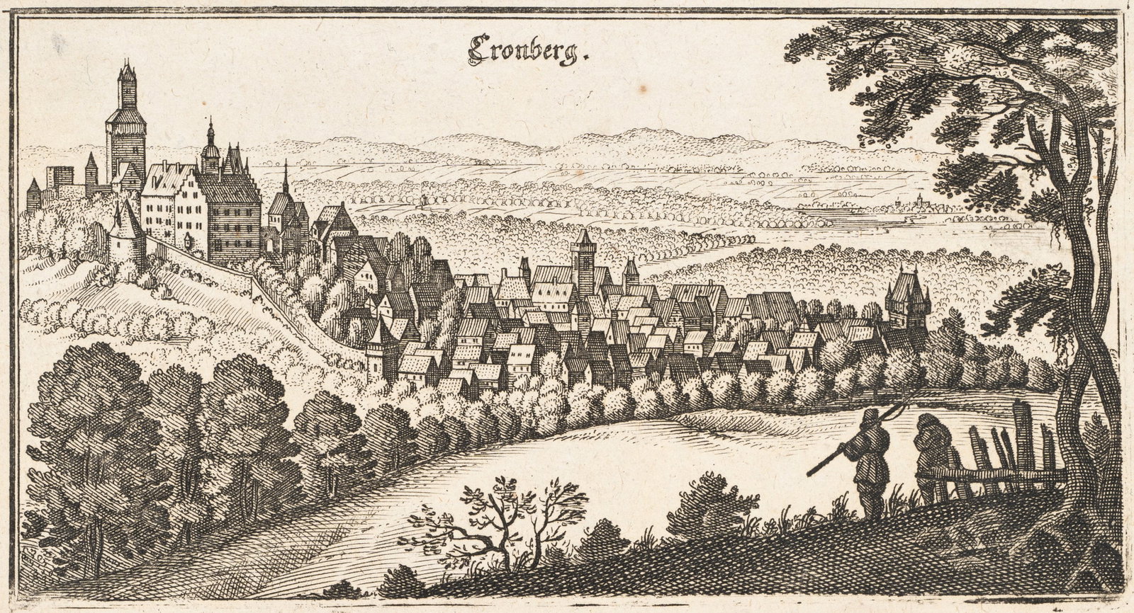 M. MERIAN (1593-1650), Cityscape of Kronberg, around 1655, Etching: Matthäus Merian sen. (1593 Basel - 1650 Schwalbach): Idyllic view of Kronberg and its castle in the middle of the countryside, c. 1655, Etching Technique: Etching on Paper Inscription: At the upp