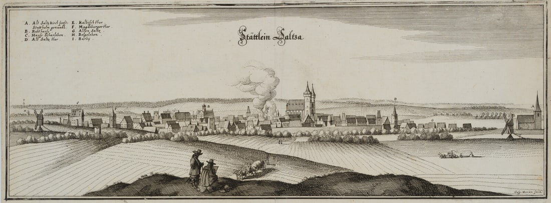 C. MERIAN (1627-1686), The little town of Saltza, a cityscape of Bad Langensalza, 1653, Etching: Caspar Merian (1627 Frankfurt on the Main - 1686 Waltha Castle, West Frisia): Stättlein Saltza, town view of Bad Langensalza(?), 1653, Etching Technique: Etching on Paper Inscription: Lower right