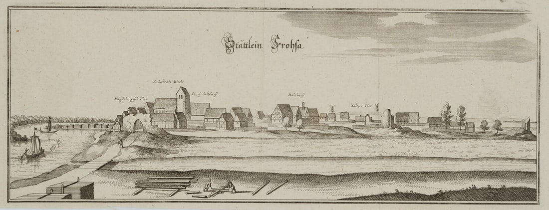 C. MERIAN (1627-1686), Veduta Frohse, Schönebeck, Saxony-Anhalt, around 1650, Etching: Caspar Merian (1627 Frankfurt on the Main - 1686 Waltha Castle, West Frisia): Frohse Schönebeck Elbe Salzlandkreis Saxony-Anhalt, c. 1650, Etching Technique: Etching on Paper Date: c. 1650 Descri