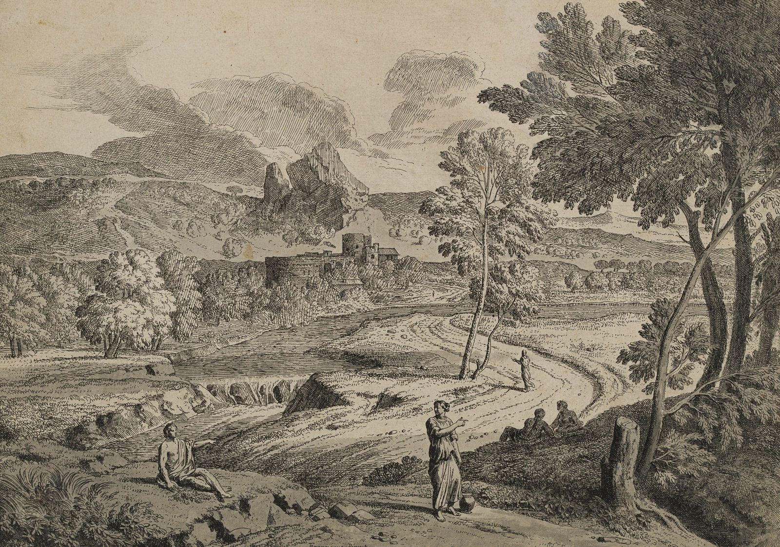 After MILLET (*1642), Arcadian landscape with a river, around 1670, Etching: After Jean François Millet (1642 - 1679 ): Arcadian landscape with various staffage figures on a winding country road along a river, leading towards a town in the distance, c. 1670, Etching Techn