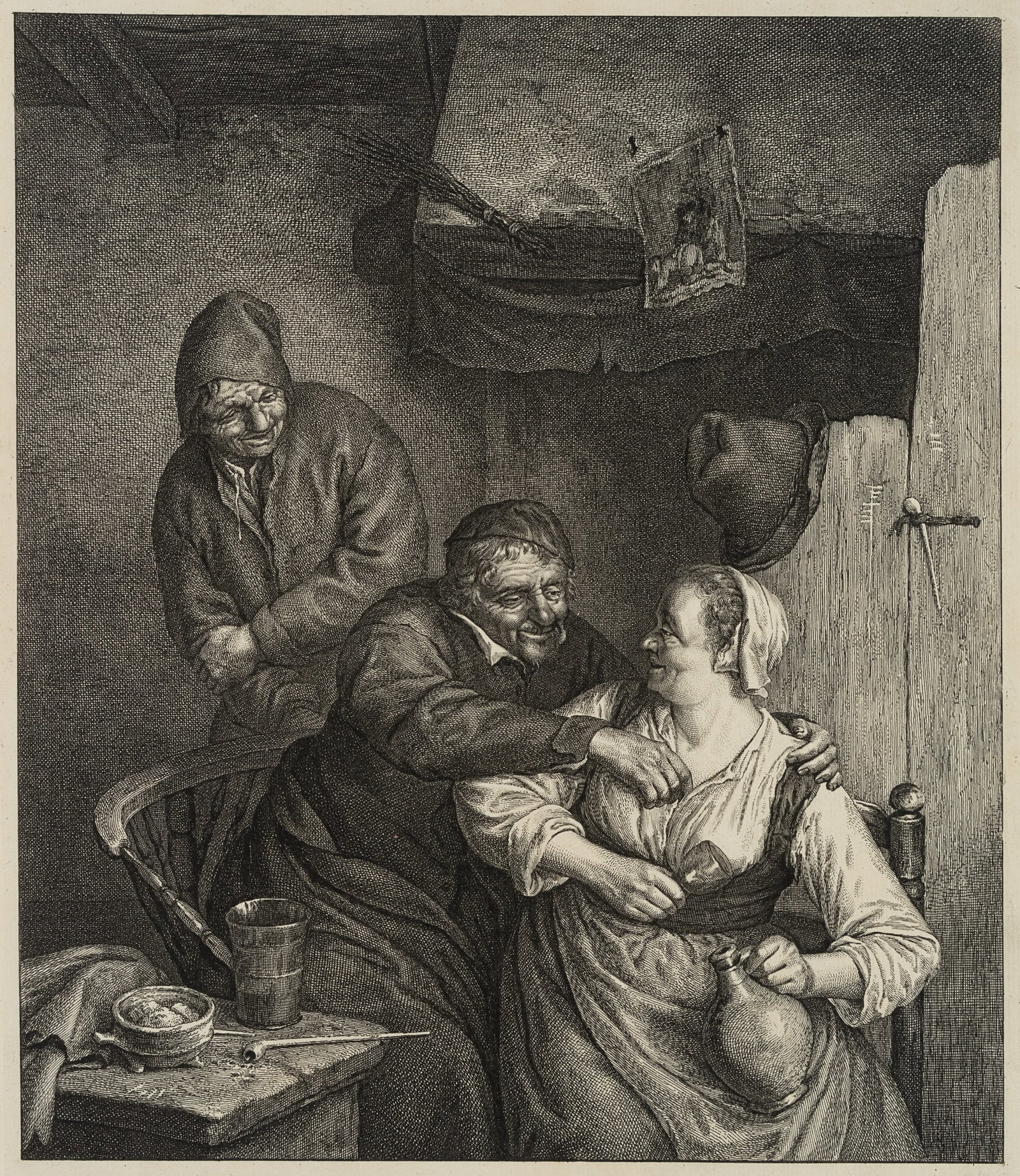 J. VISSCHER (*1636) after OSTADE (*1610), The Farmer in Love, around 1660, Etching: Jan de Visscher (1636 Amsterdam - after 1692 ibid.) after Adriaen van Ostade (before 1610 Haarlem - before 1685 ibid.): The Farmer in Love, c. 1660, Etching Technique: Etching and Copper engraving on 
