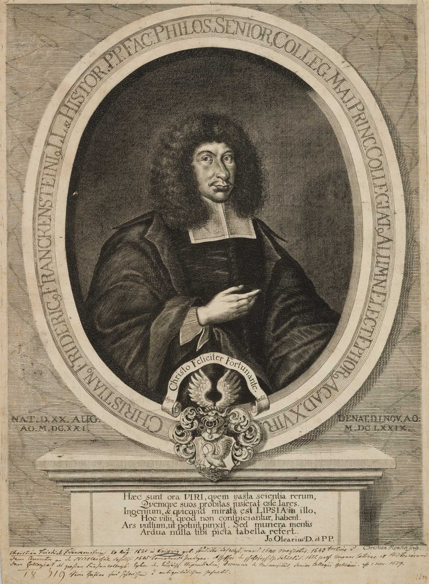 C. ROMSTET (1640-1721), Christian F. Franckenstein, Etching: Christian Romstet (before 1640 Weimar - 1721 Leipzig): Portrait of the historian Christian Friedrich Franckenstein (1621 Leipzig - 1679 ibid), half-figured in three-quarter portrait in written oval on