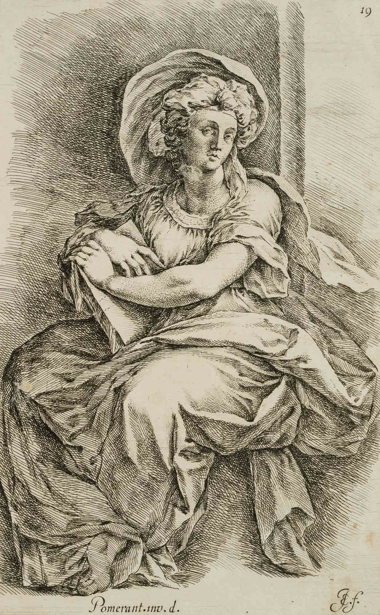 J. BISSCHOP (*1628) after POMARANCIO (*1552), Woman in a dress, Etching: Jan de Bisschop (1628 Amsterdam - 1671 The Hague) after Pomarancio: Cristofano Roncalli (around 1552 Pomarance (Volterra) - before 1626 Rom): Woman in a dress, possibly a sibyl, 17th century, Etching 