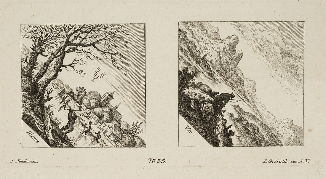 J. ALMELOVEEN (*1652) after SAFTLEVEN (*1609), Winter and spring, around 1675, Etching (1 of 4)