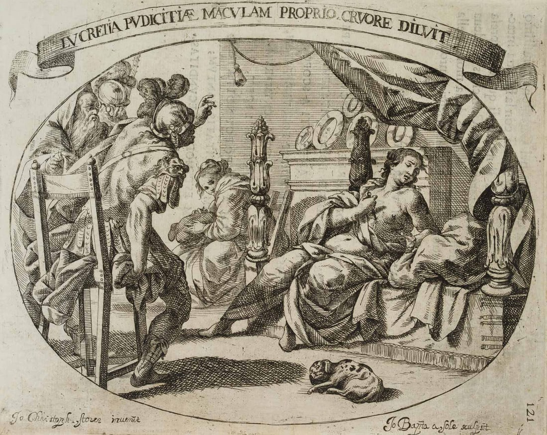 J. STORER (*1611) after SOLE (*1649), The Death of Lucretia, a Roman Legend, 1645, Etching: Johann Christophorus Storer (around 1611 Constance - 1671 ibid.) after Giovanni Battista del Sole (around 1649 - 1719 ): "Lucretia's death", Lucretia stabbing herself with a dagger, 1645, Etching Tech