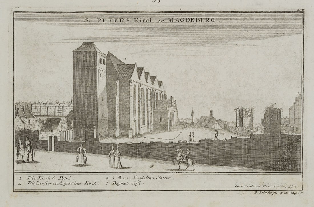 G. BODENEHR (*1673) after STRIDBECK (*1666), St Peter’s, Magdeburg, St Peter’s Church, around: Gabriel Bodenehr (1673 - 1765 ibid.) after Johann Stridbeck jun. (1666 Augsburg - 1714 ibid.): St Peter's Church in Magdeburg, Sankt Petri, city view, c. 1650, Etching Technique: Etching on Paper Insc