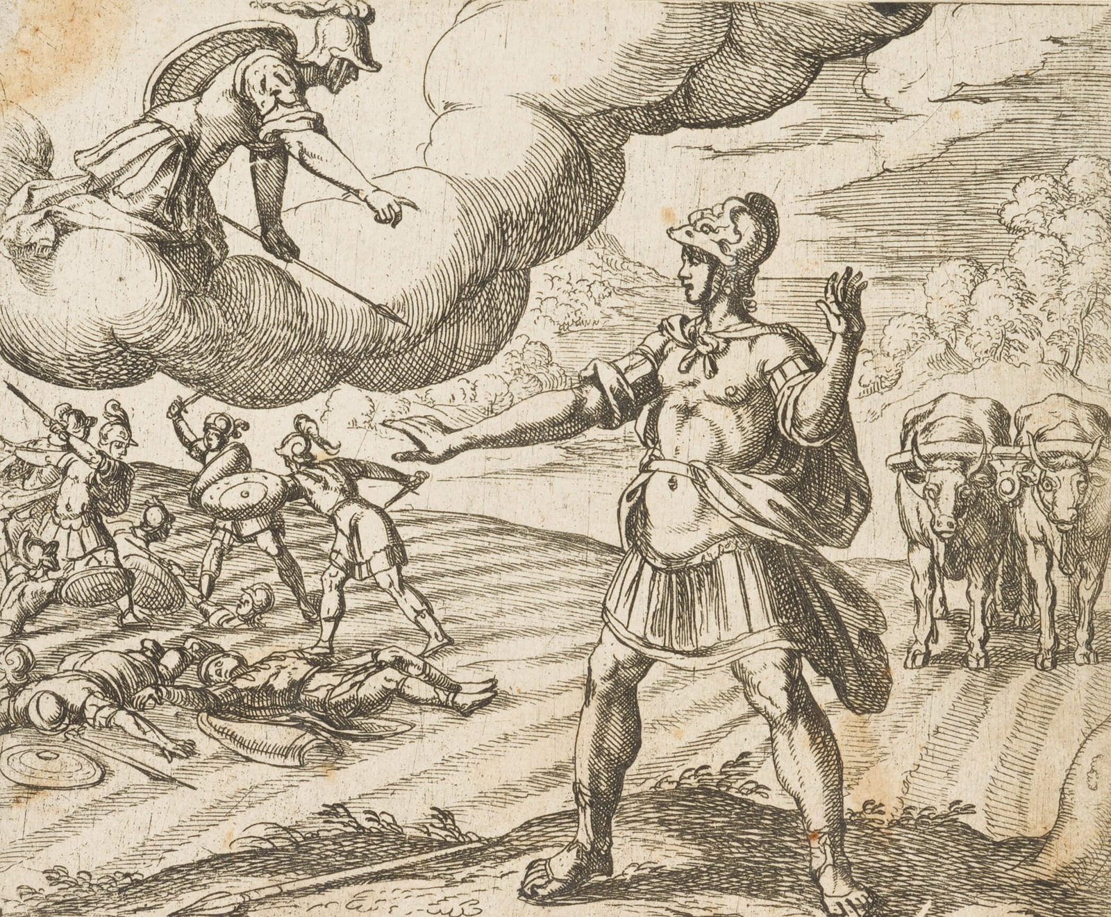 A. TEMPESTA (1555-1630), Warriors born from dragon’s teeth, around 1610, Copper engraving (1 of 4)