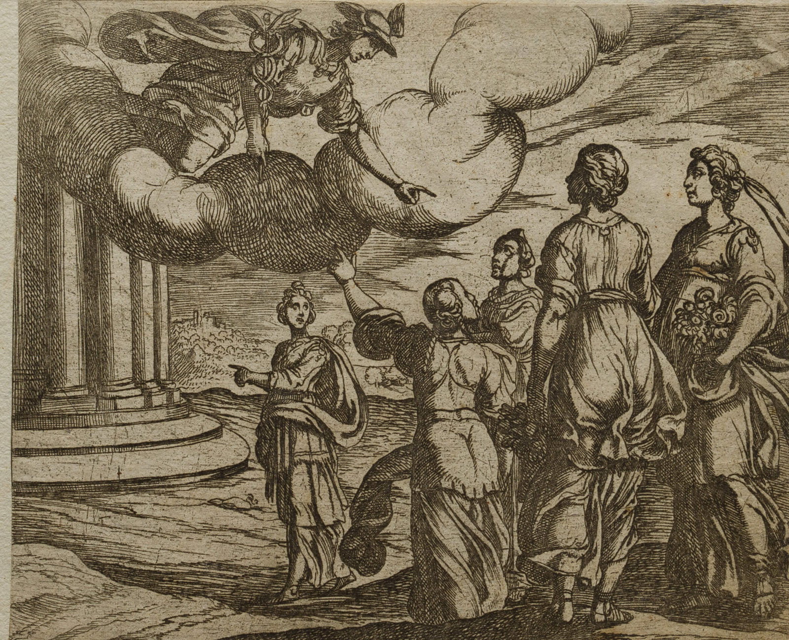 A. TEMPESTA (1555-1630), 'Mercurius is kindled by the love of Herse', around 1610, Copper engraving: Antonio Tempesta (1555 Florence - 1630 Rom): 'Mercurius Herses amore accenditur' - Mercury falls in love with Herse, c. 1610, Copper engraving Technique: Copper engraving on Paper, mounted on Paper In