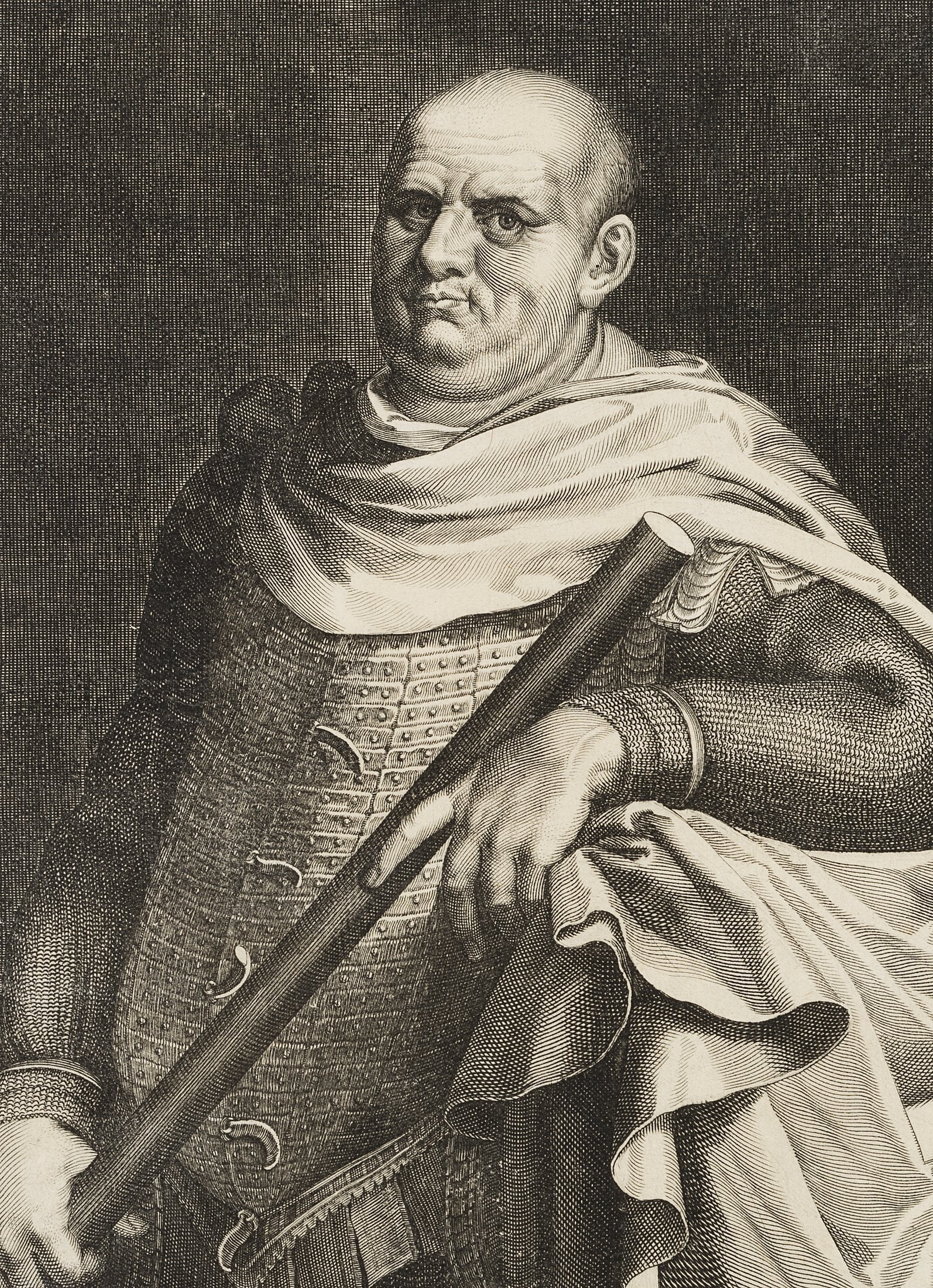 E. SADELER (*1570) after TIZIAN (*1488), Emperor Titus Vespasian, around 1610, Copper engraving: Egidius II Sadeler (around 1570 Antwerp - 1629 Prag) after Tizian: Tiziano Vecellio (around 1488 Belluno - 1576 Venice): Portrait of the Roman Emperor Titus Vespasian in armour, c. 1610, Copper engrav
