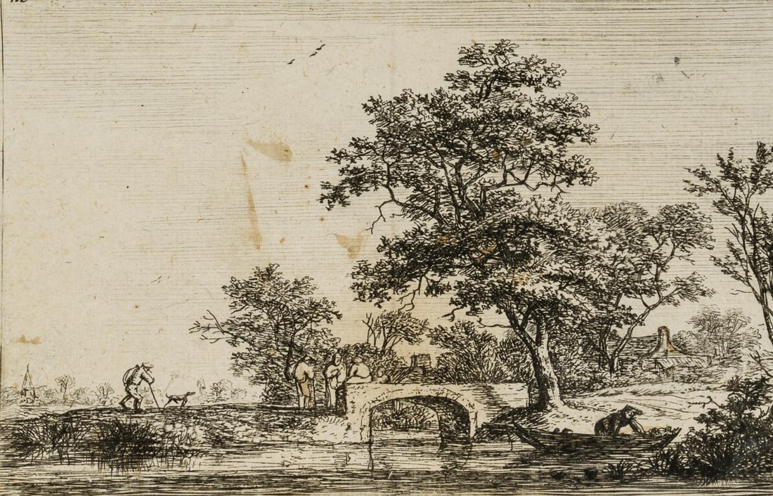 A. WATERLOO (1610-1676), A bustling riverside landscape, Etching: Anthonie Waterloo (before 1610 Lille - after 1676 Utrecht): Lively river landscape with country folk, 17th century, Etching Technique: Etching on Paper Inscription: Numbered "m" at the top left. Date: