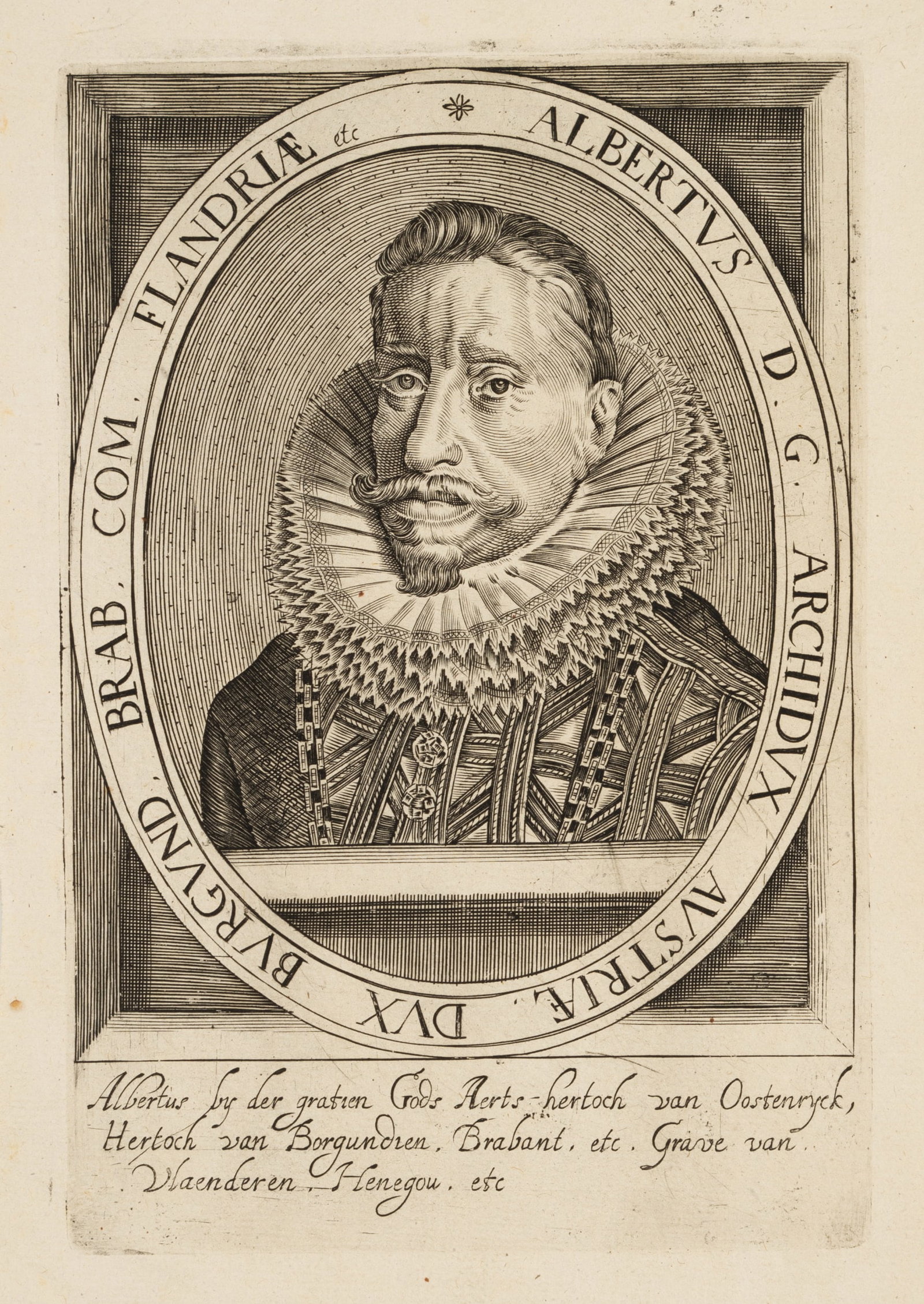 Unknown (17th), Albrecht VII of Habsburg, Copper engraving: Unknown (17th century): Portrait of Albrecht VII of Habsburg as breastpiece in millstone collar in three-quarter portrait to the left, 17th century, Copper engraving Technique: Copper engraving on Pap