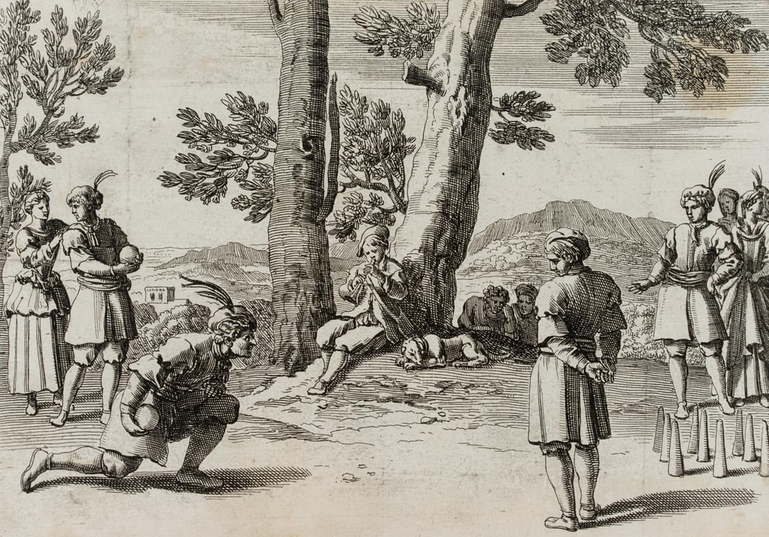 Unknown (17th), Nobles playing skittles, Etching: Unknown (17th century): Genre depiction with noblemen playing skittles, 17th century, Etching Technique: Etching on Paper Date: 17th century Description: Multi-figure genre scene on a plateau in a hil