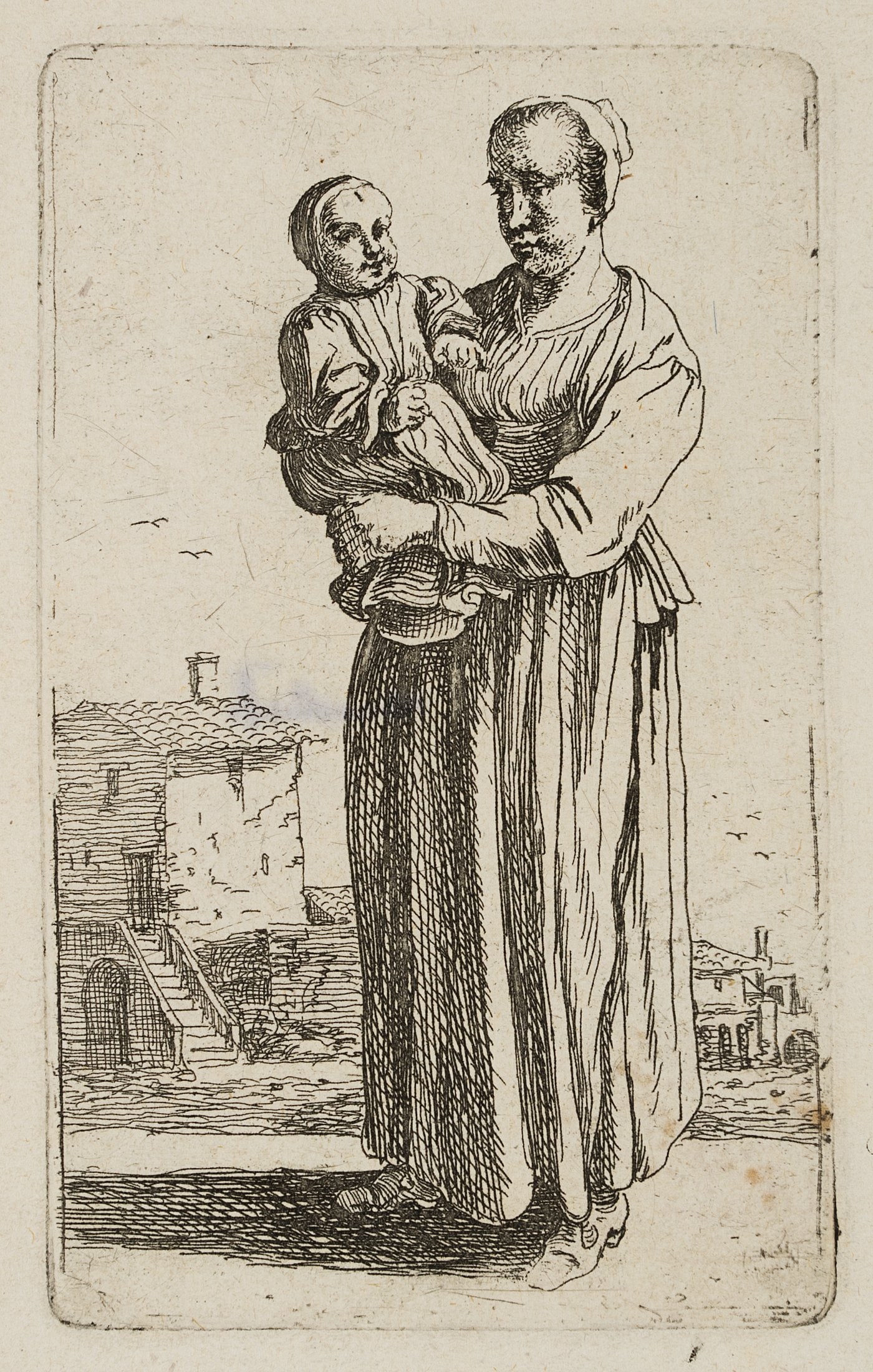 Unknown (17th), The Netherlands, a mother with a child in front of a group of houses, Etching: Unknown (17th century): The Netherlands, a mother with a child in front of a group of houses, 17th century, Etching Technique: Etching on Paper Stamp: – Verso Collector's stamp, Lugt no.: 847a. E. F