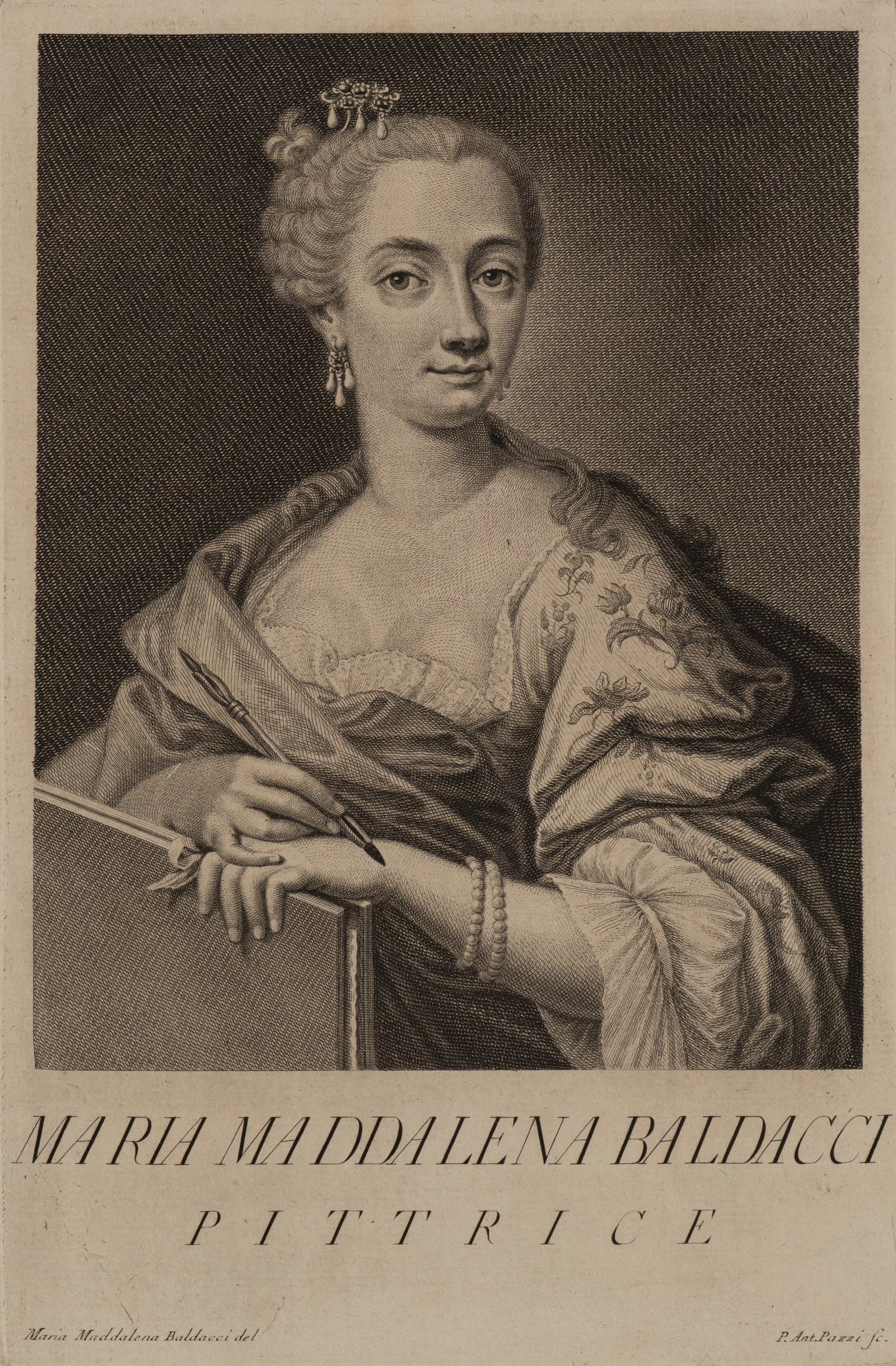 P. PAZZI (*1706) after BALDACCI (*1718), Portrait of Maddalena Baldacci, Copper engraving: Pietro Antonio Pazzi (1706 Florence - after 1766 ) after Maria Maddalena Baldacci (1718 Florence - 1782 ibid.): Portrait of a painter Portrait of the painter Maria Maddalena Baldacci, 18th century, Co