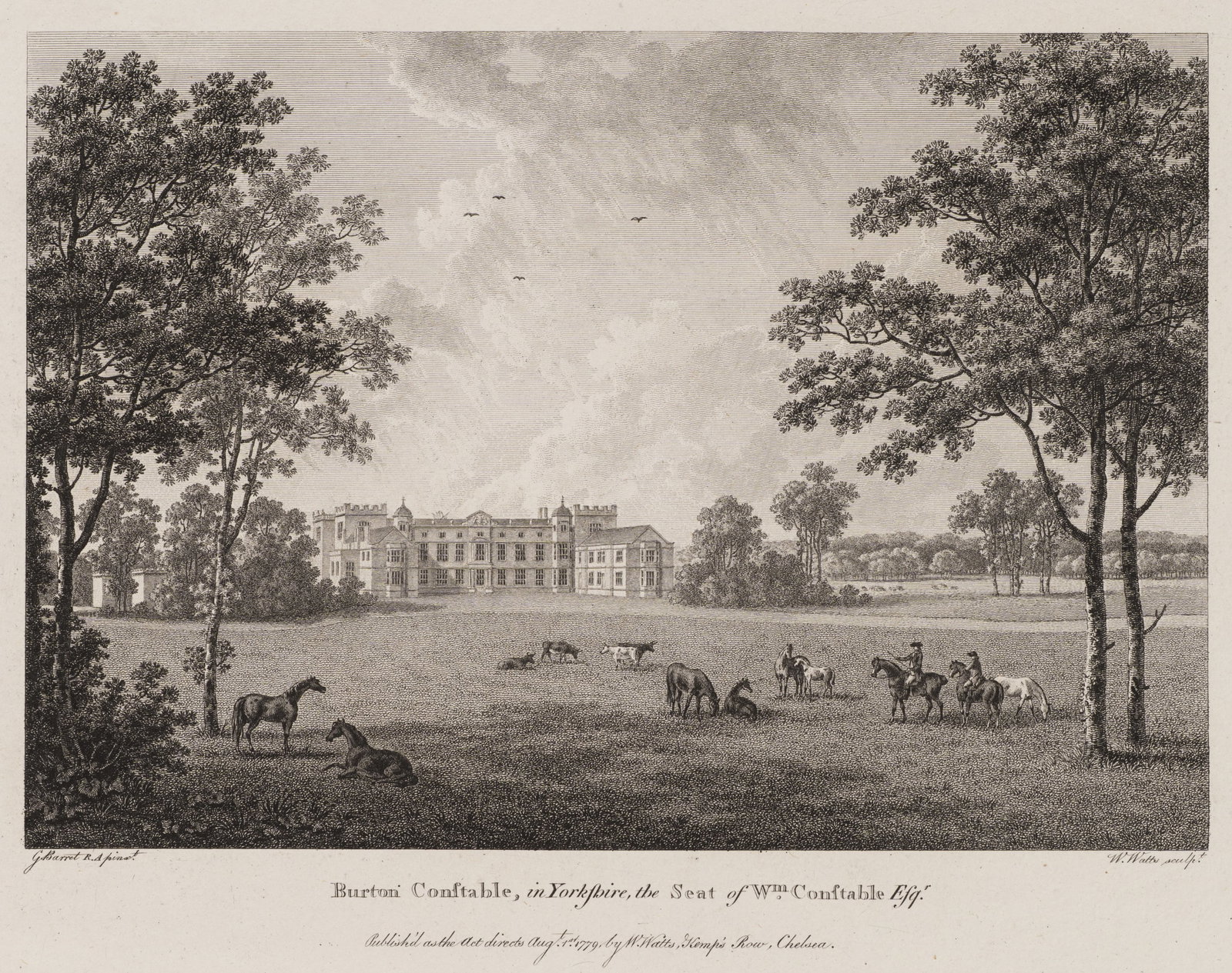 W. WATTS (*1752) after BARRET (*1767), Burton Constable in Yorkshire, 1779, Etching: William Watts (1752 - 1851 ) after George Barret jun. (around 1767 - 1842 ): Burton Constable in Yorkshire View of Burton Constable in Yorkshire with park, horses and equestrian staffage, 1779, Etchin