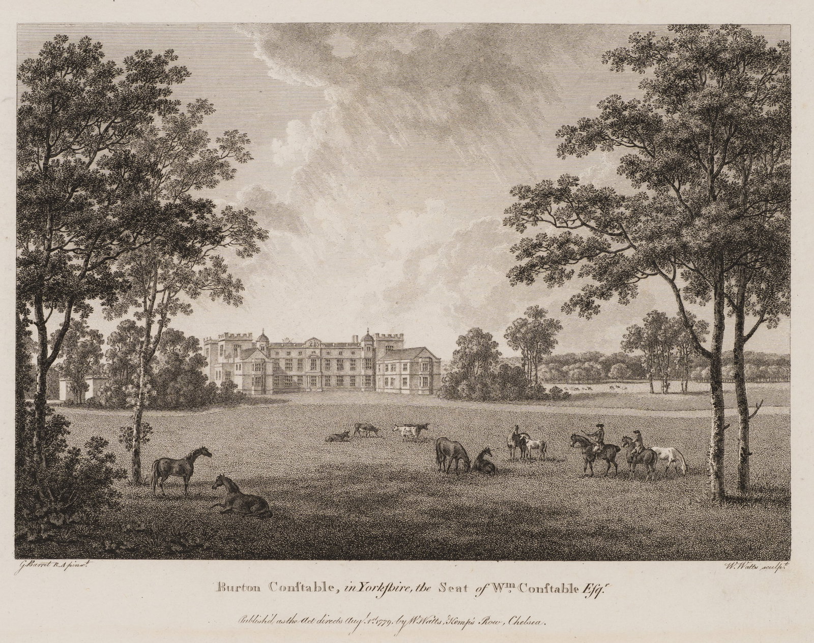 W. WATTS (*1752) after BARRET (*1767), Burton Constable in Yorkshire, 1779, Etching: William Watts (1752 - 1851 ) after George Barret jun. (around 1767 - 1842 ): Burton Constable in Yorkshire Burton Constable in Yorkshire, country estate view with park, cattle and horsemen, 1779, Etch
