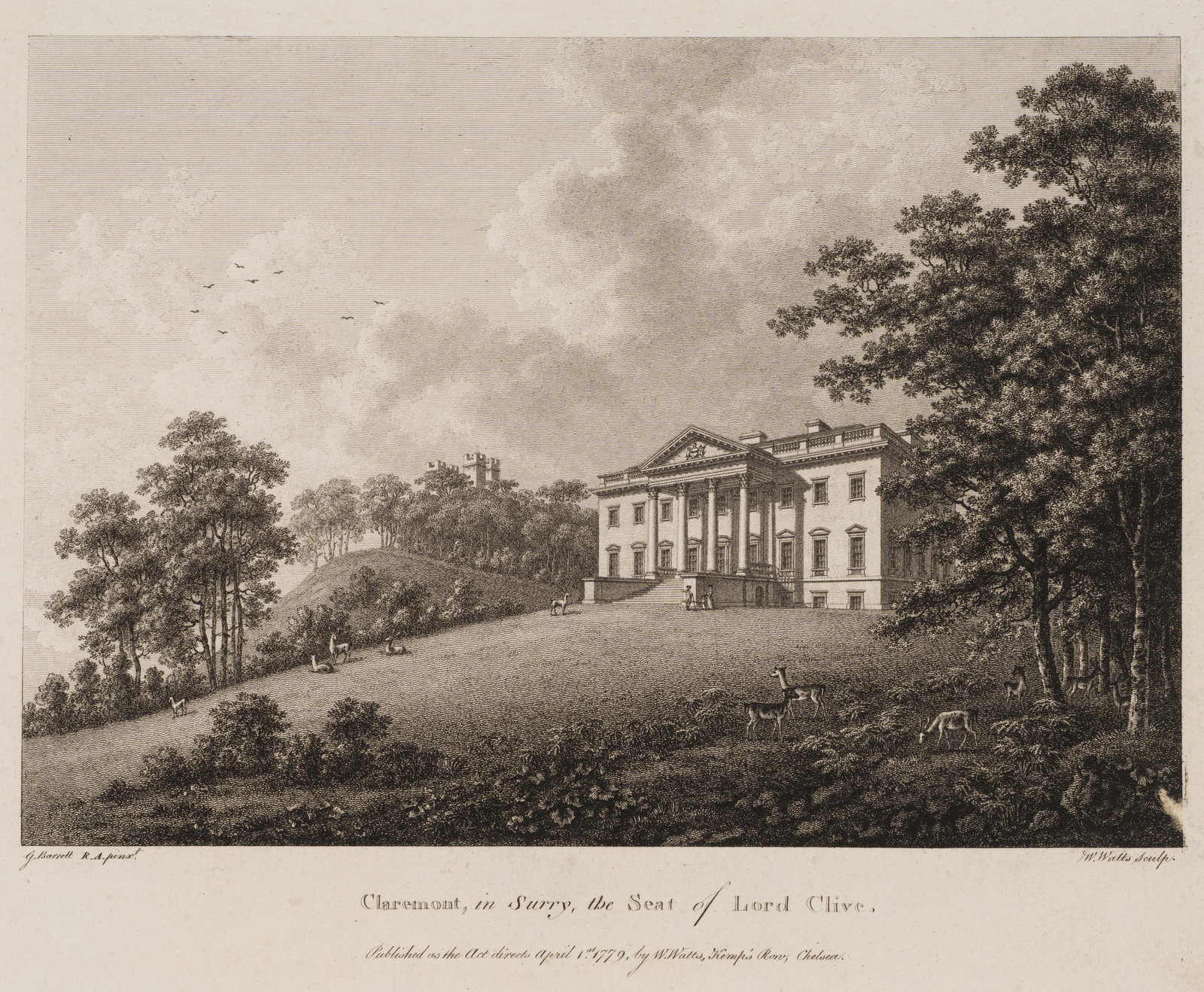 W. WATTS (*1752) after BARRET (*1767), Claremont in Surrey, 1779, Etching: William Watts (1752 - 1851 ) after George Barret jun. (around 1767 - 1842 ): Claremont in Surry Claremont in Surry, Lord Clive's country estate in extensive parkland, 1779, Etching Technique: Etching 
