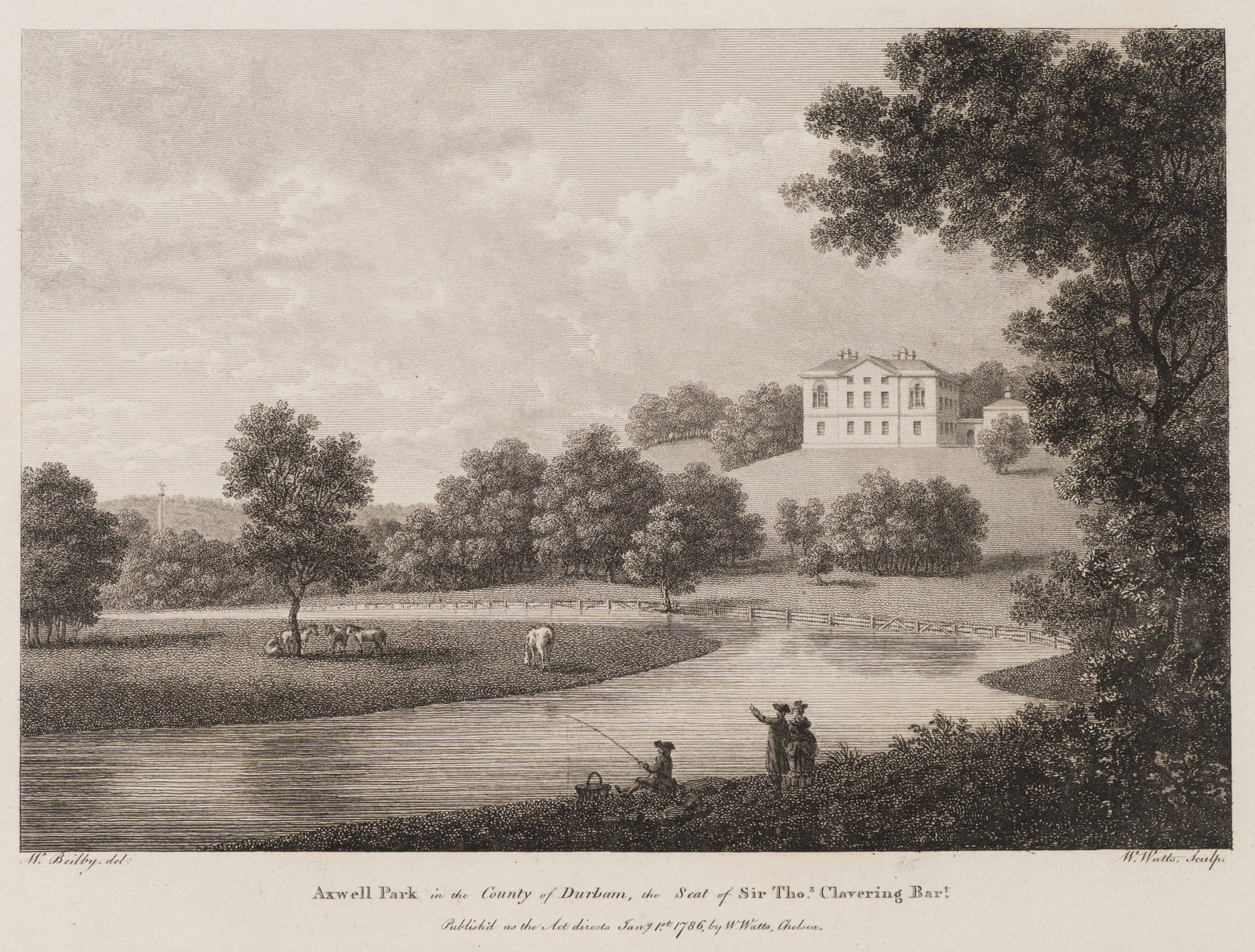 W. WATTS (*1752) after BEILBY (*1740), Axwell Park near Durham, 1786, Etching: William Watts (1752 - 1851 ) after William Beilby jun. (1740 - 1819 ): Axwell Park near Durham Axwell Park in County Durham with manor house, park and figures on the shore, 1786, Etching Technique: Et