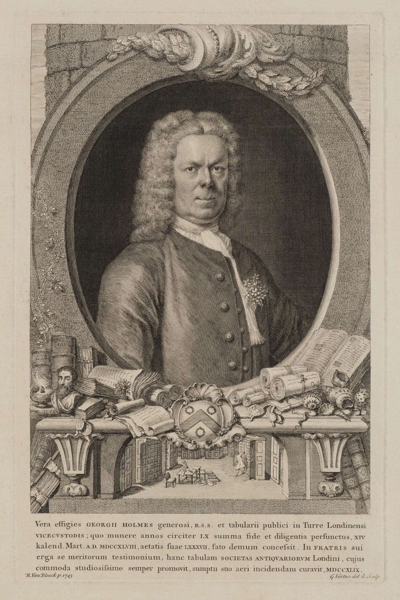 G. VERTUE (*1684) after BLEECK (*1670), Portrait of George Holmes, 1743, Copper engraving: George Vertue (1684 London - 1756 ibid.) after Richard van Bleeck (1670 The Hague - 1733 London): Portrait of George Holmes, Deputy Archivist at the Tower of London, 1743, Copper engraving Technique: 