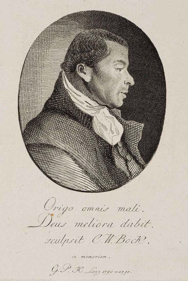 C. BOCK (1755-1836), Commemorative leaflet: G.P.H. Lenz, around 1791, Copper engraving: Christoph Wilhelm Bock (1755 Nuremberg - 1836 ibid.): In memory of GPH Lenz, commemorative sheet with portrait, c. 1791, Copper engraving Technique: Copper engraving on Paper Inscription: At the lower