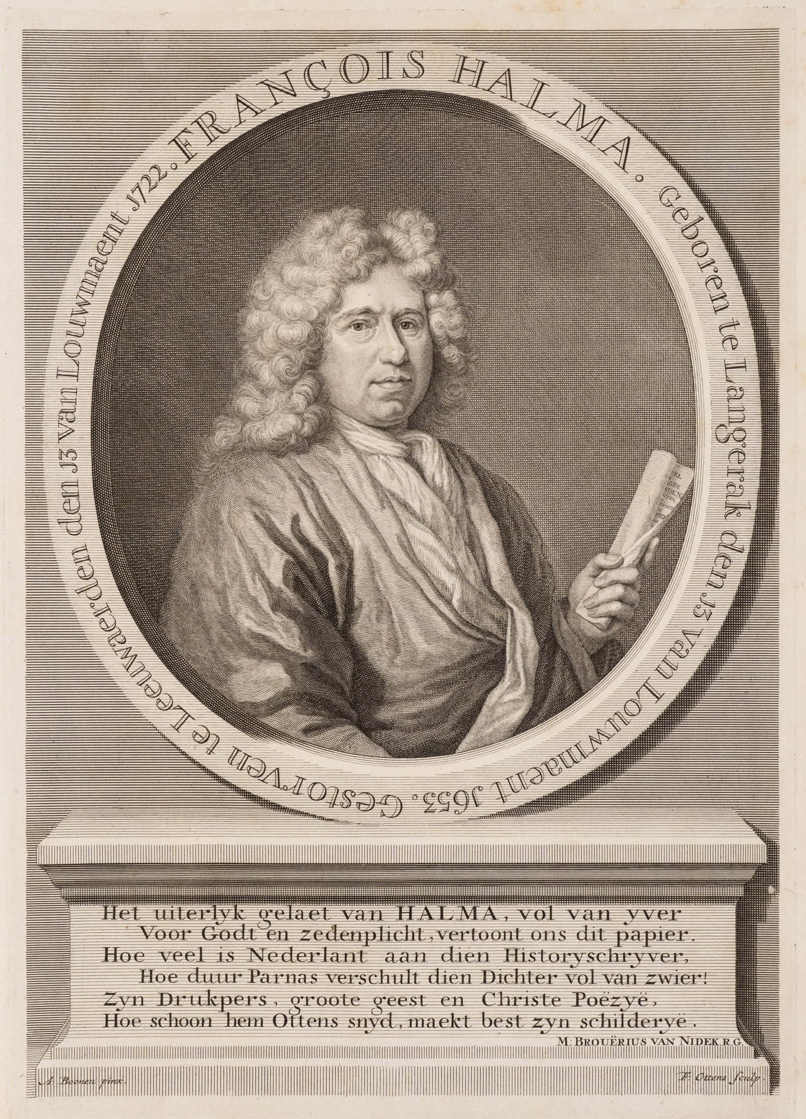 F. OTTENS (*1700) after BOONEN (*1669), Portrait of François Halma, Copper engraving: Frederik Ottens (before 1700 Amsterdam - after 1770 ibid.) after Arnold Boonen (1669 Dordrecht - 1729 Amsterdam): Portrait of François Halma with scroll and oval frame, 18th century, Copper engra