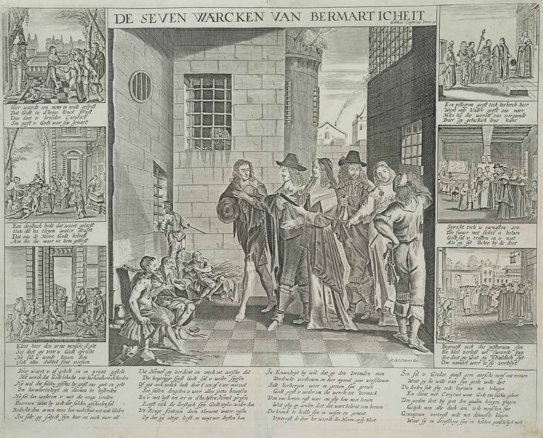 After BOSSE (*1604), The 7 Works of Mercy, 1725, Copper engraving: After Abraham Bosse (1604 Towers - 1676 Paris): Seven works of mercy With the visit to the prisoners large in the centre and the six other works distributed on the sides to the left and right, 1725, C
