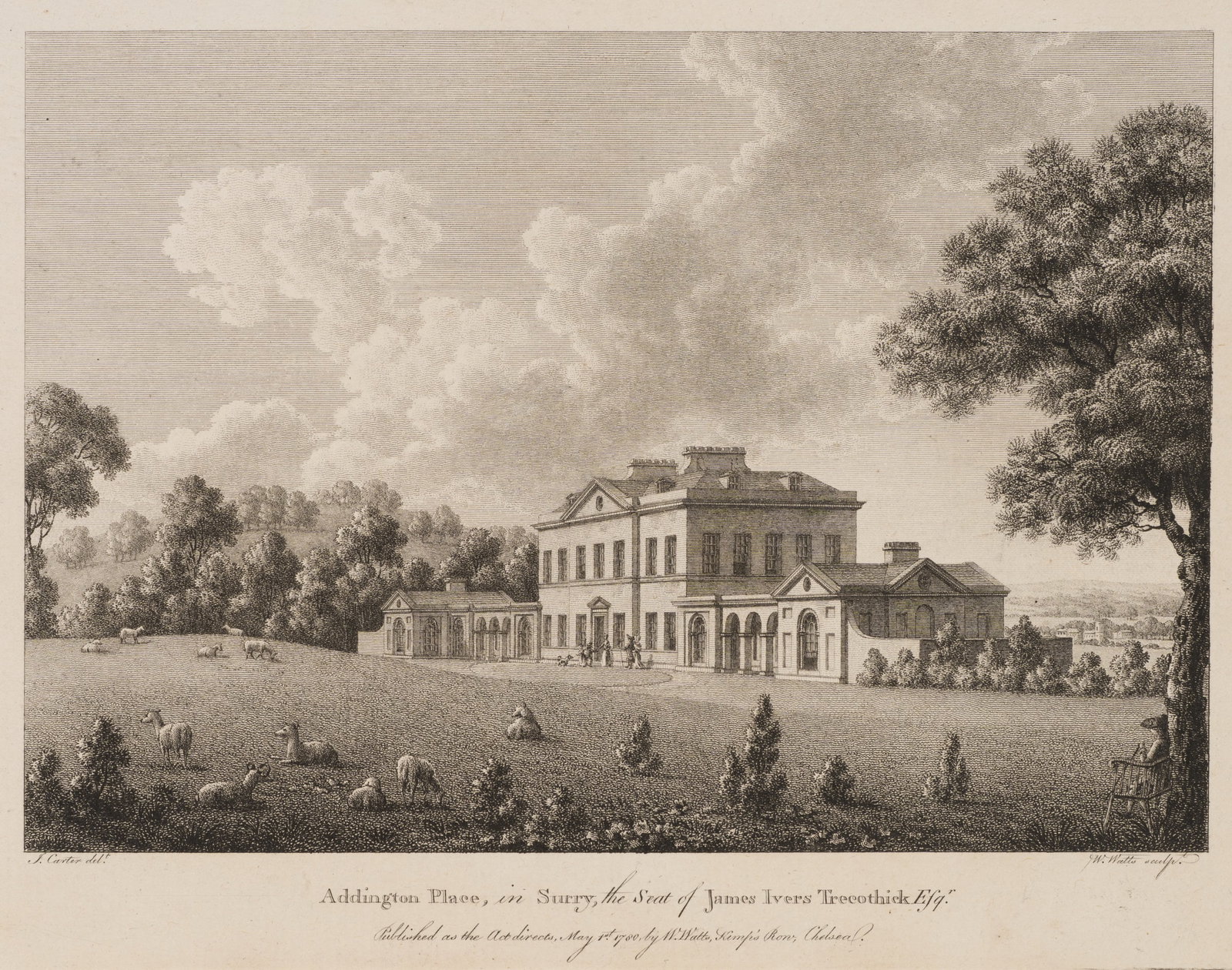 W. WATTS (*1752) after CARTER (*1798), Addington Place in Surrey, 1780, Etching: William Watts (1752 - 1851 ) after James Carter (1798 London - 1855 ibid.): Addington Place in Surry Addington Place in Surry, country residence of James Ivres Trecothick Esqr, 1780, Etching Technique