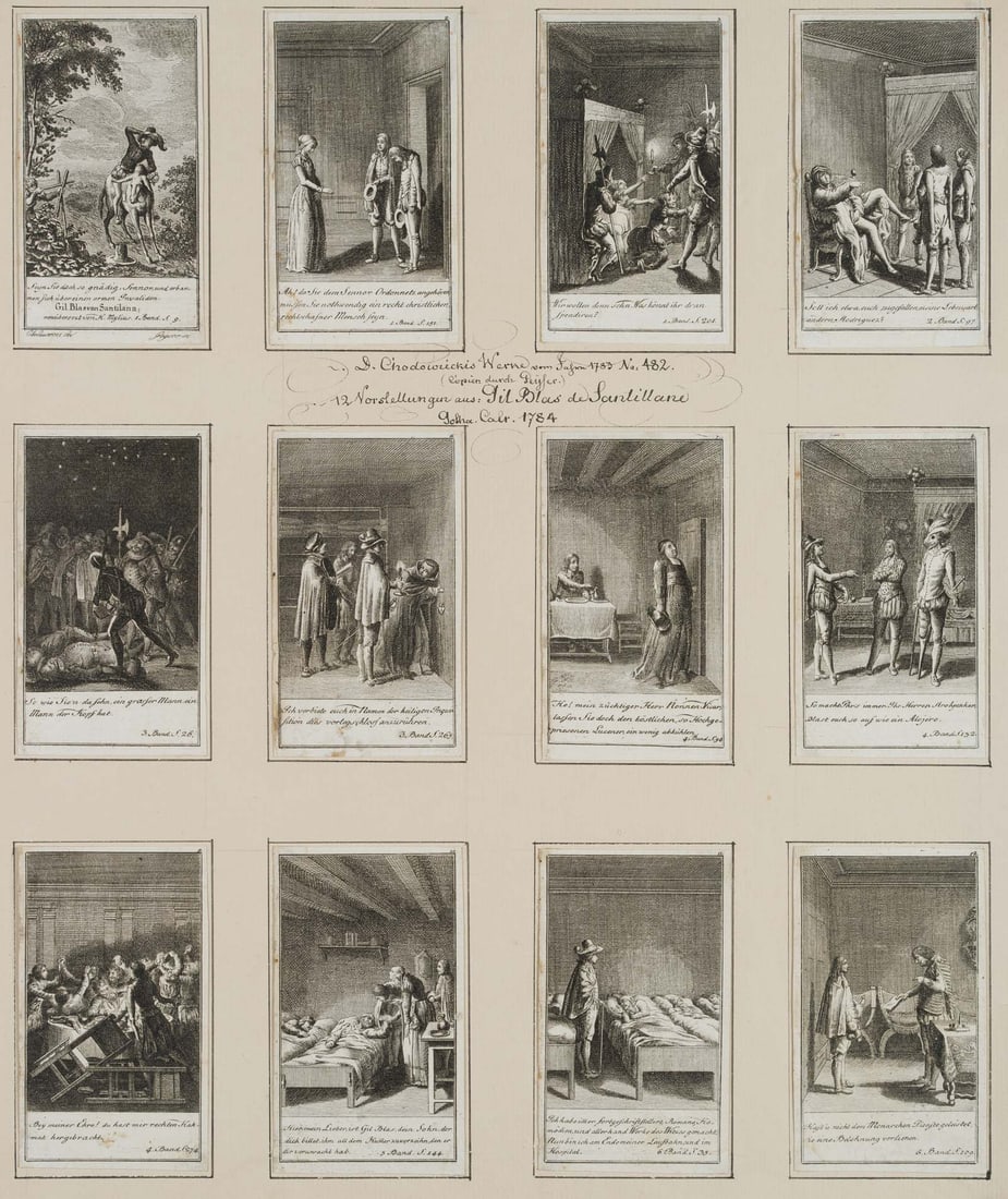 C. GEYSER (*1742) after CHODOWIECKI (*1726), Gil Blas of Santillana, 1784, Copper engraving: Christian Gottlieb Geyser (1742 Görlitz - 1803 Leipzig) after Daniel Nikolaus Chodowiecki (1726 Gdansk - 1801 Berlin): 12 prints with literary depictions from the picaresque novel 'History of Gil