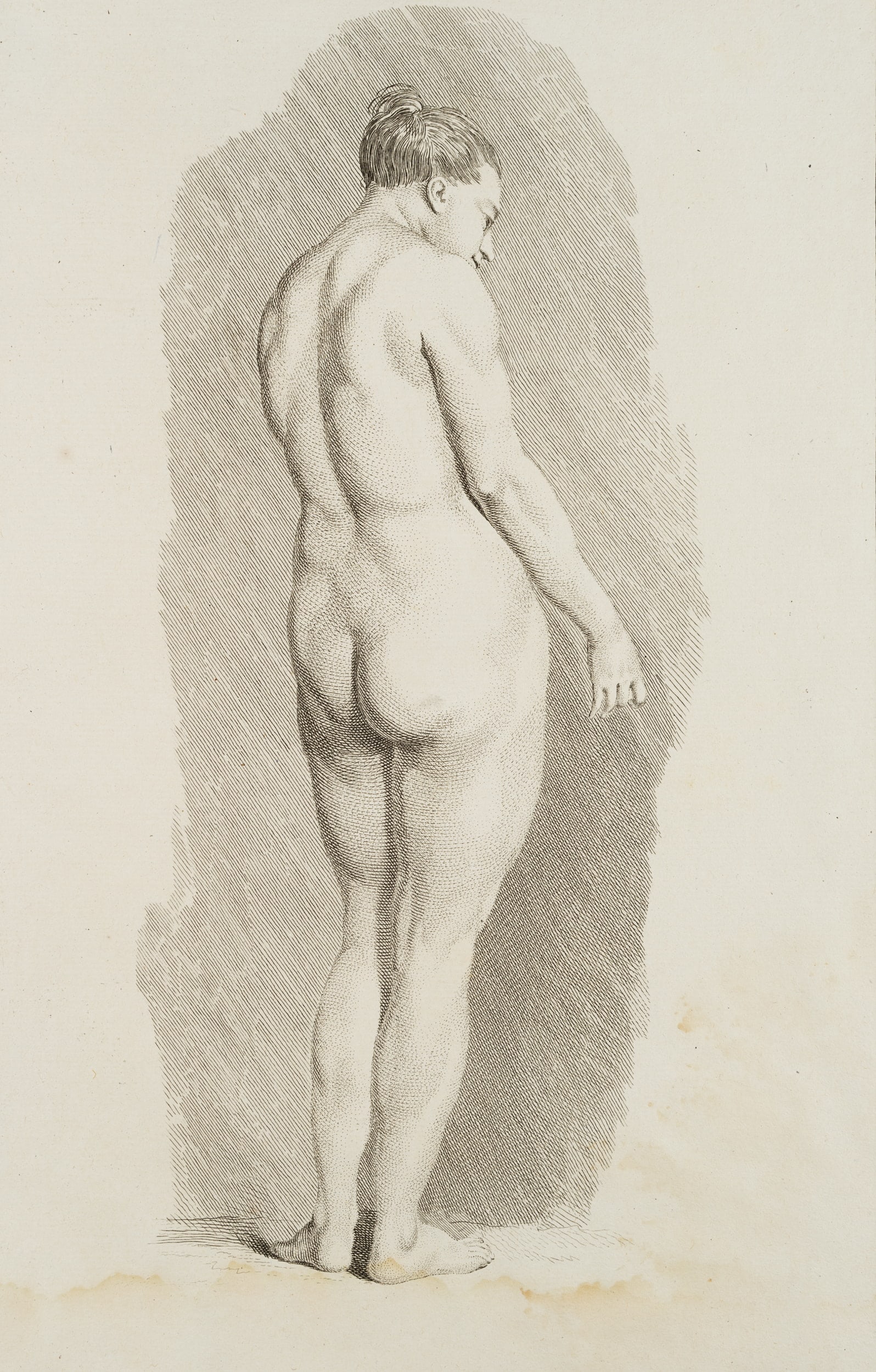B. PRÉVOST (*1735) after COCHIN (*1715), Female Nude, Copper engraving: Benoît Louis Prévost (around 1735 - 1804 ) after Charles-Nicolas Cochin jun. (1715 Paris - 1790 ibid.): A standing female nude seen from behind, Dessein, 18th century, Copper engraving Techn