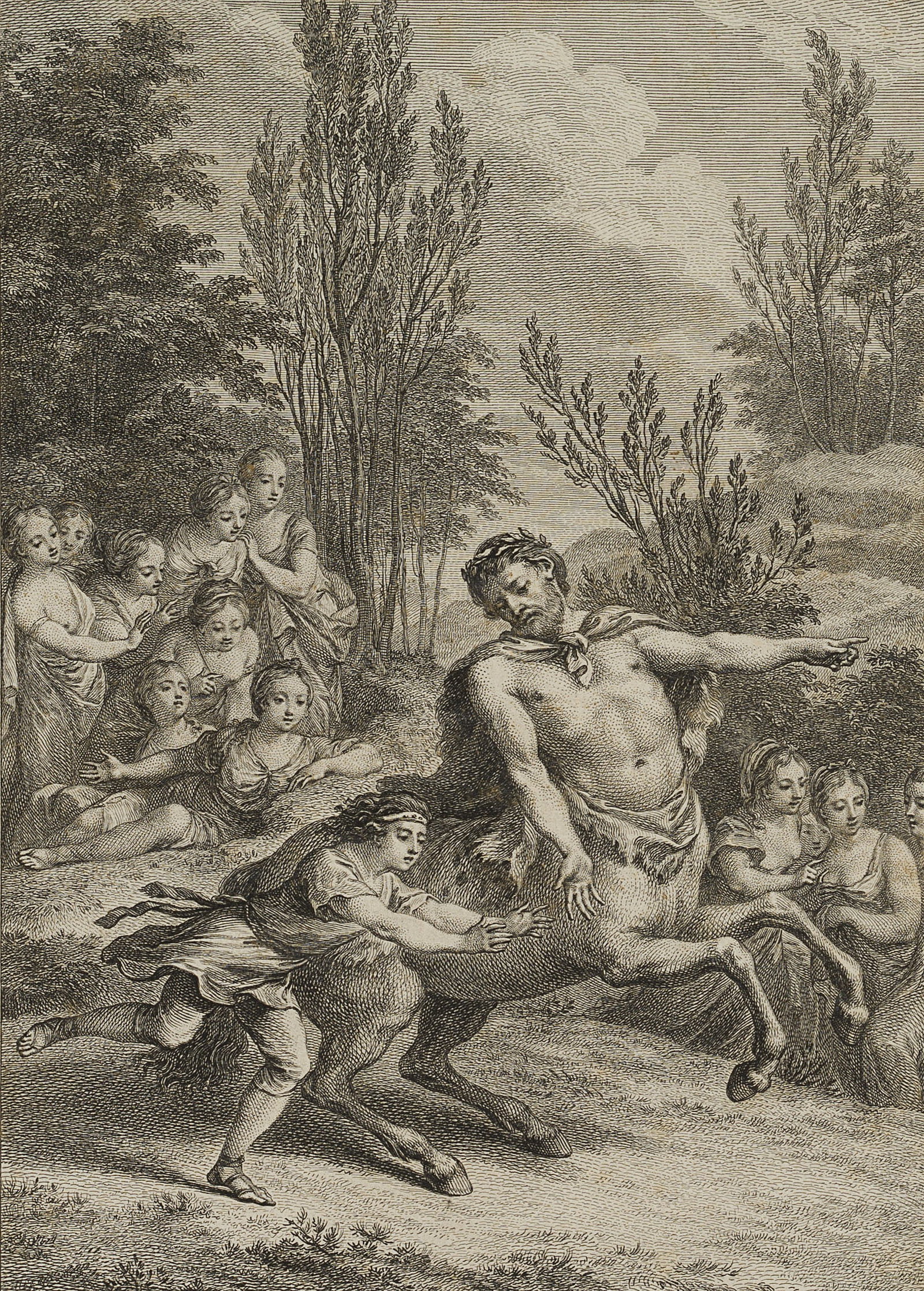 B. PRÉVOST (*1735) after COCHIN (*1715), Achilles and Chiron, around 1780, Etching: Benoît-Louis Prévost (around 1735 Paris - 1804 ibid.) after Charles-Nicolas Cochin jun. (1715 Paris - 1790 ibid.): Achilles and the centaur Chiron, c. 1780, Etching Technique: Etching and Co
