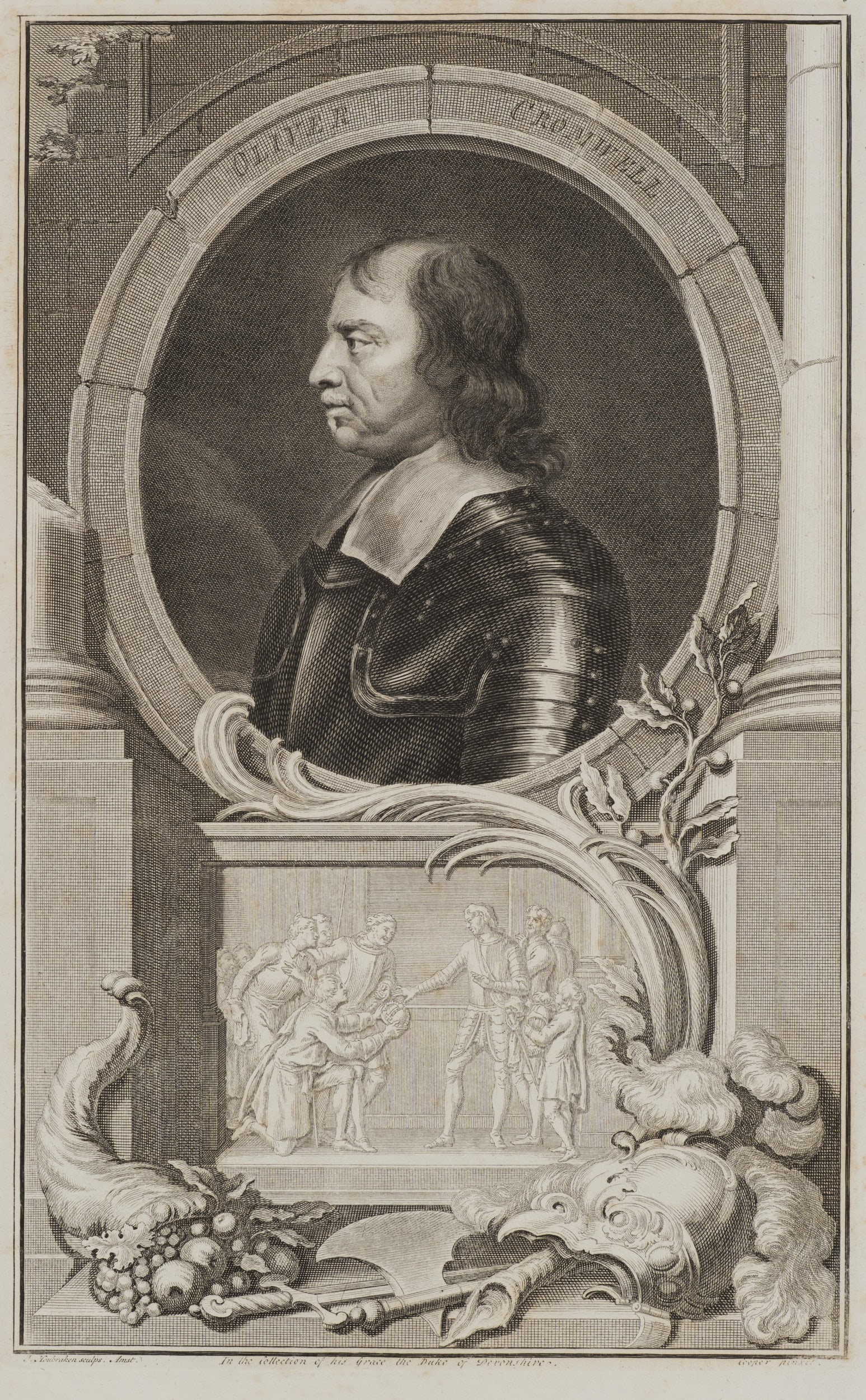 J. HOUBRAKEN (*1698) after COOPER (*1609), Portrait of Oliver Cromwell, Copper engraving: Jacobus Houbraken (1698 Dordrecht - 1780 Amsterdam) after Samuel Cooper (1609 - 1672 ): Portrait of Oliver Cromwell (1599-1658) with allegorical scene, 18th century, Copper engraving Technique: Copper