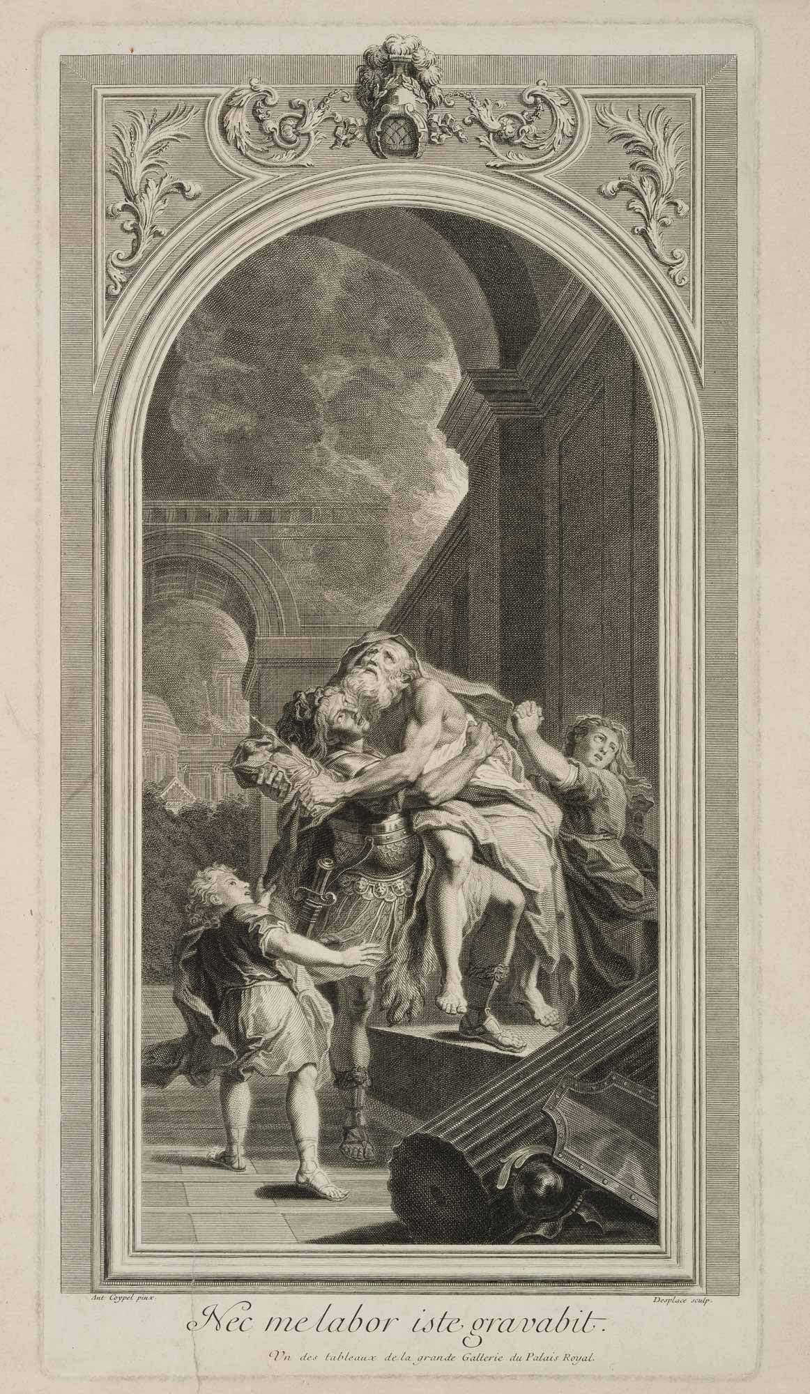 L. DESPLACES (*1682) after COYPEL (*1661), Aeneas Carries Anchises, Virgil, 1719, Copper engraving: Louis Desplaces (1682 Paris - 1739 ibid.) after Antoine Coypel (1661 - 1722 ): Aeneas Carries Anchises, Virgil, 1719, Copper engraving Technique: Copper engraving on Paper Date: 1719 Description: Aene